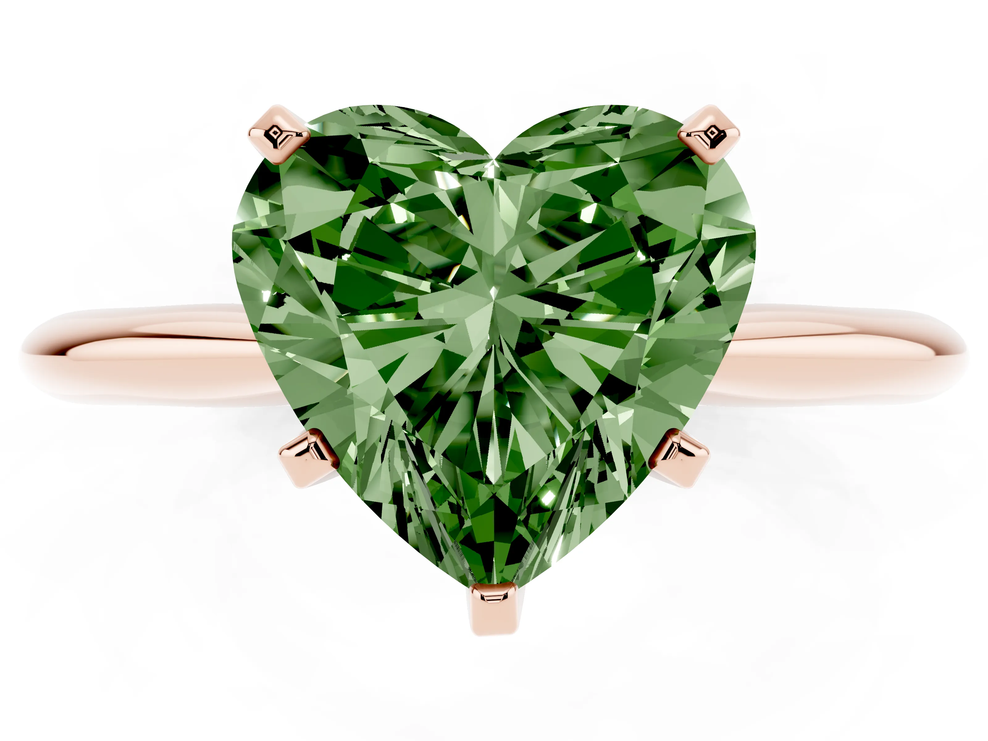 Fancy Green Heart Cut Diamond Solitaire Ring Set in Rose gold with Prong Setting on a Plain Round Band