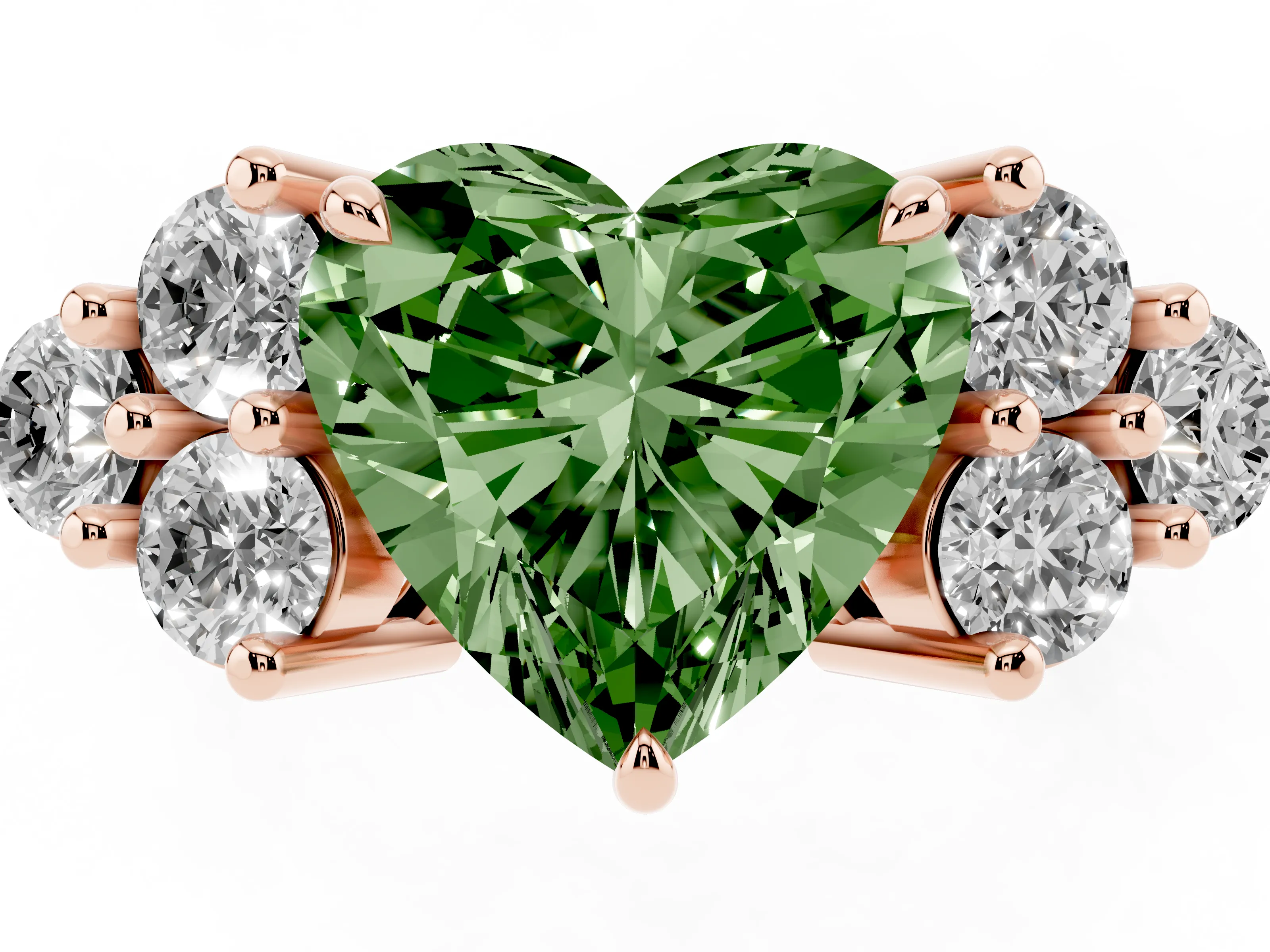 Fancy Green Heart Cut Diamond Solitaire Ring Set in Rose gold with Cluster Accents on Each Side