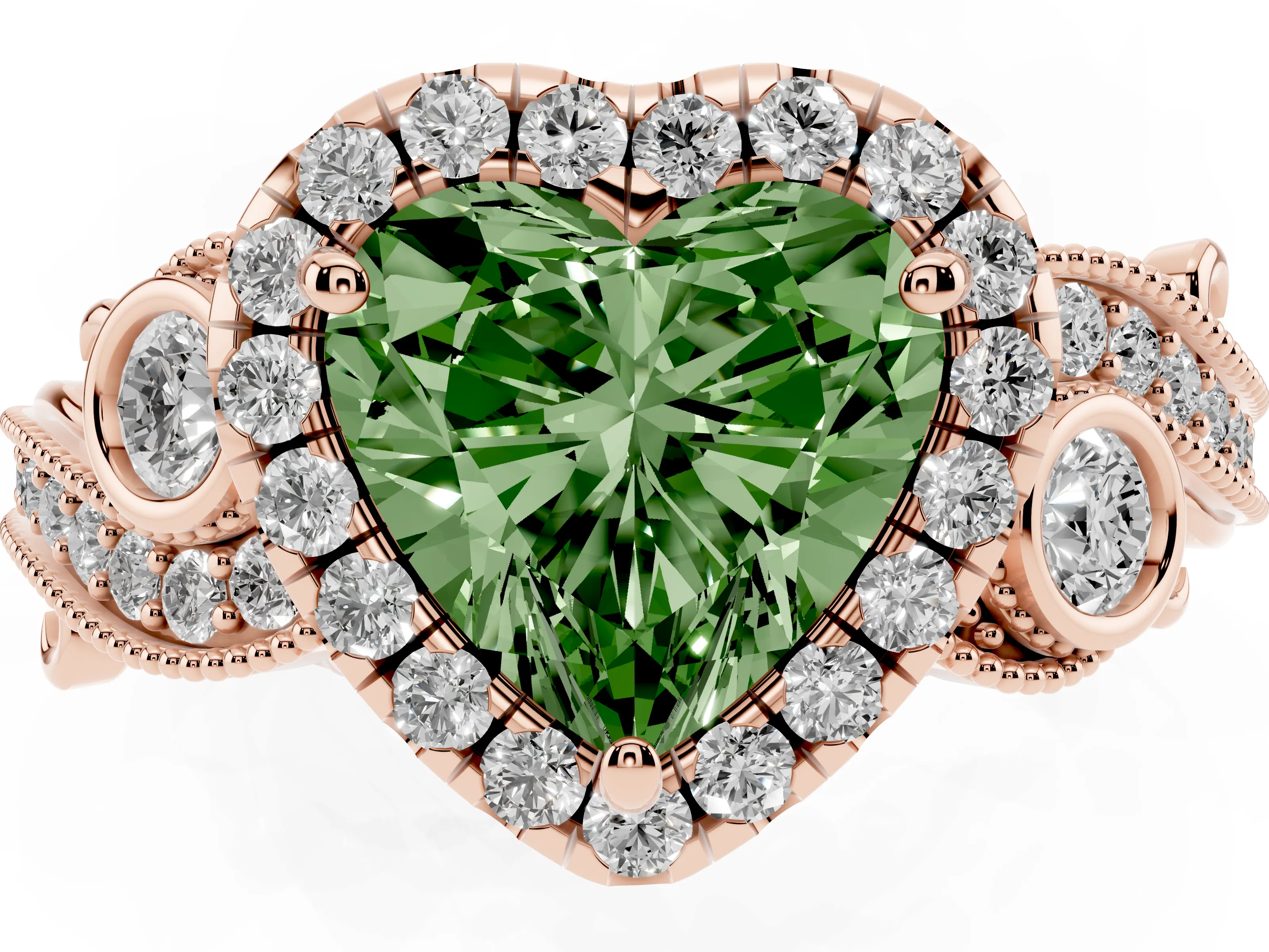Fancy Green Heart Cut Diamond Halo Ring Set in Rose gold with Milgrain Pavé Band and Prong Setting