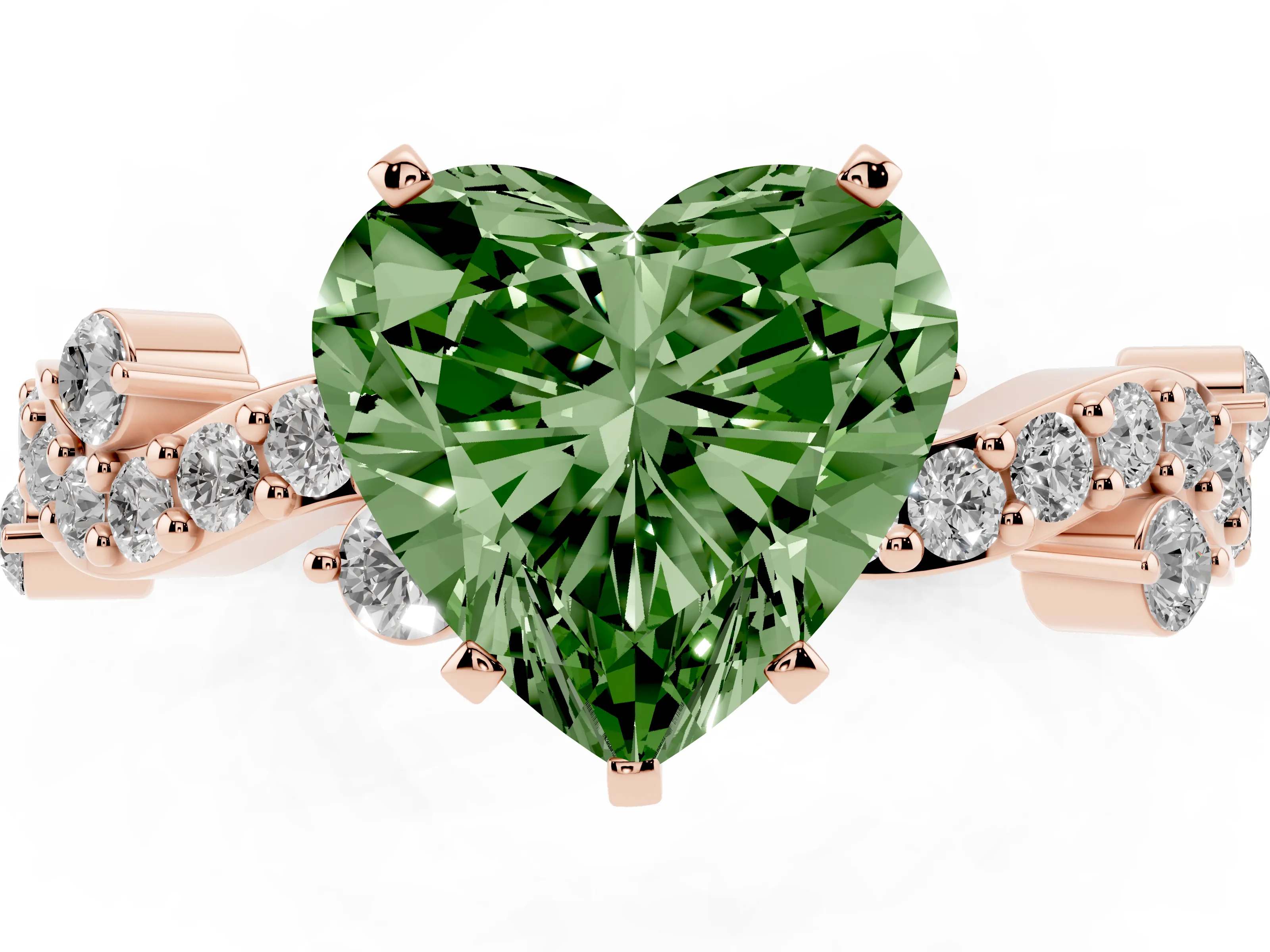 Fancy Green Heart Cut Diamond Solitaire Twisted Band Set in Rose gold with Pavé Setting