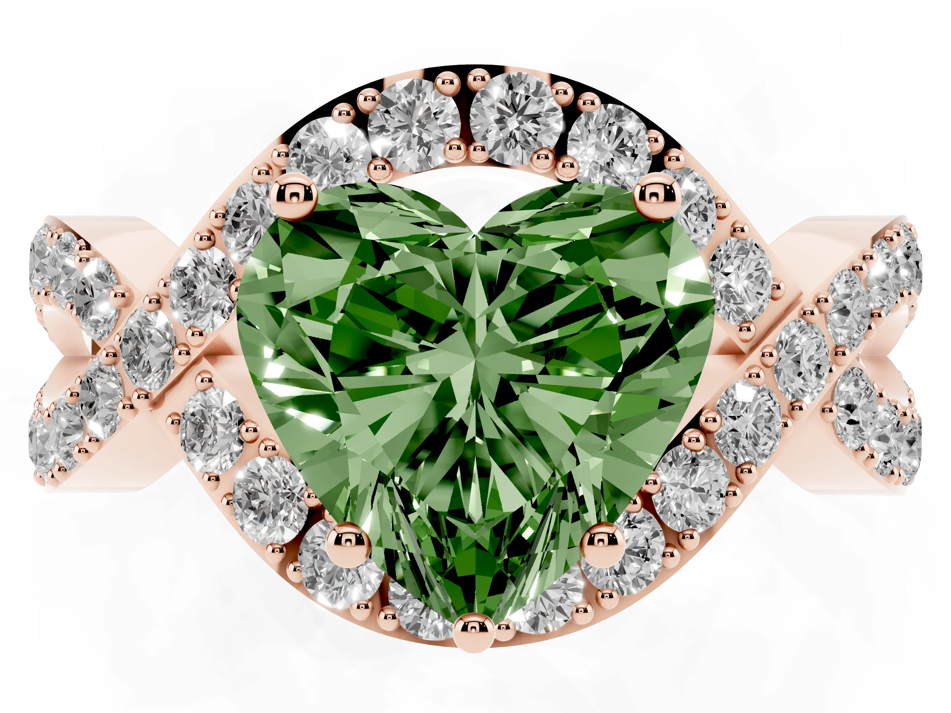 Fancy Green Heart Cut Diamond Solitaire Twist Band Pavé Engagement Ring Set in Rose gold