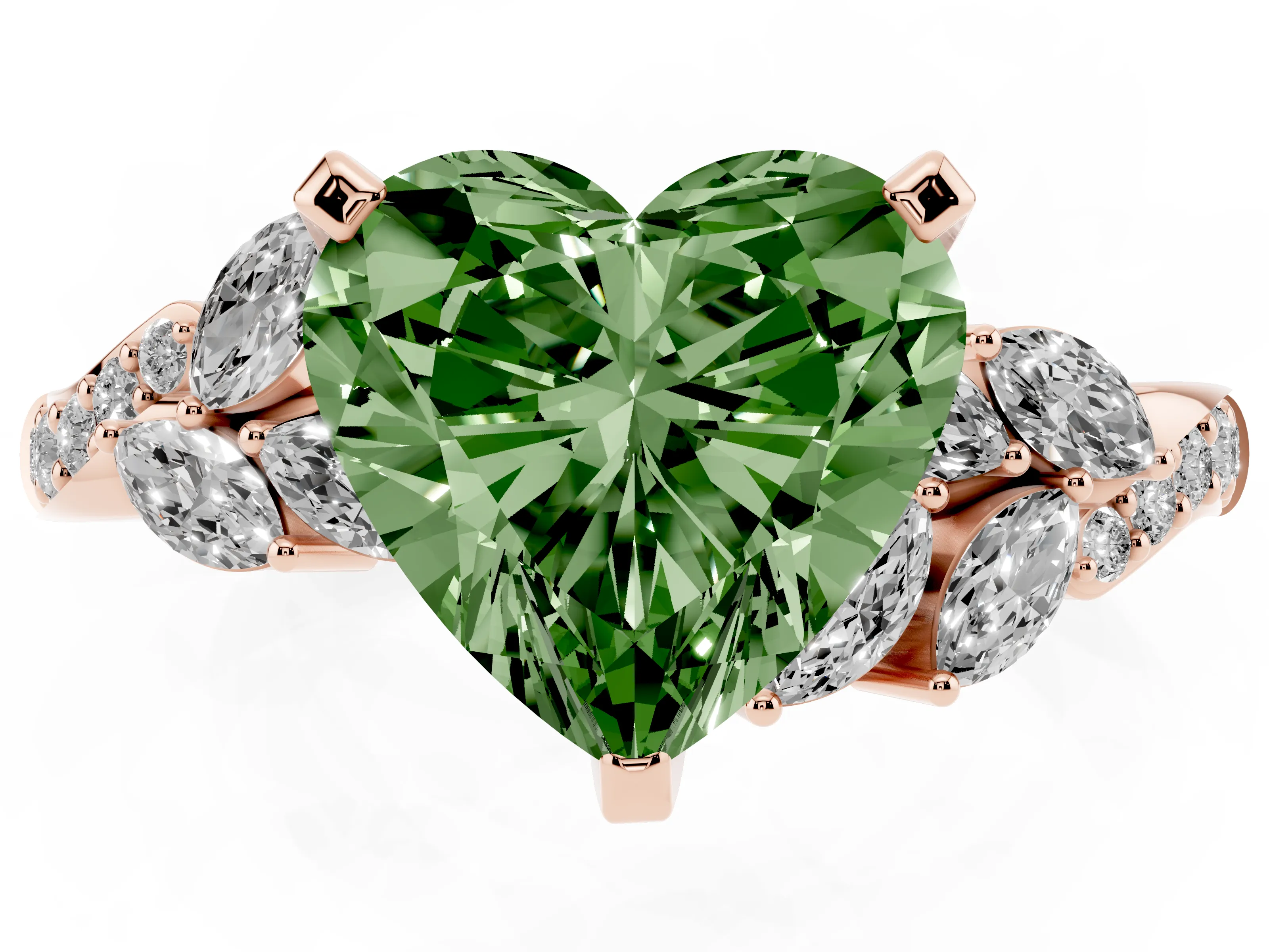 Fancy Green Heart Cut Diamond Solitaire Ring Set in Rose gold with Marquise Twist Band and Prong Setting