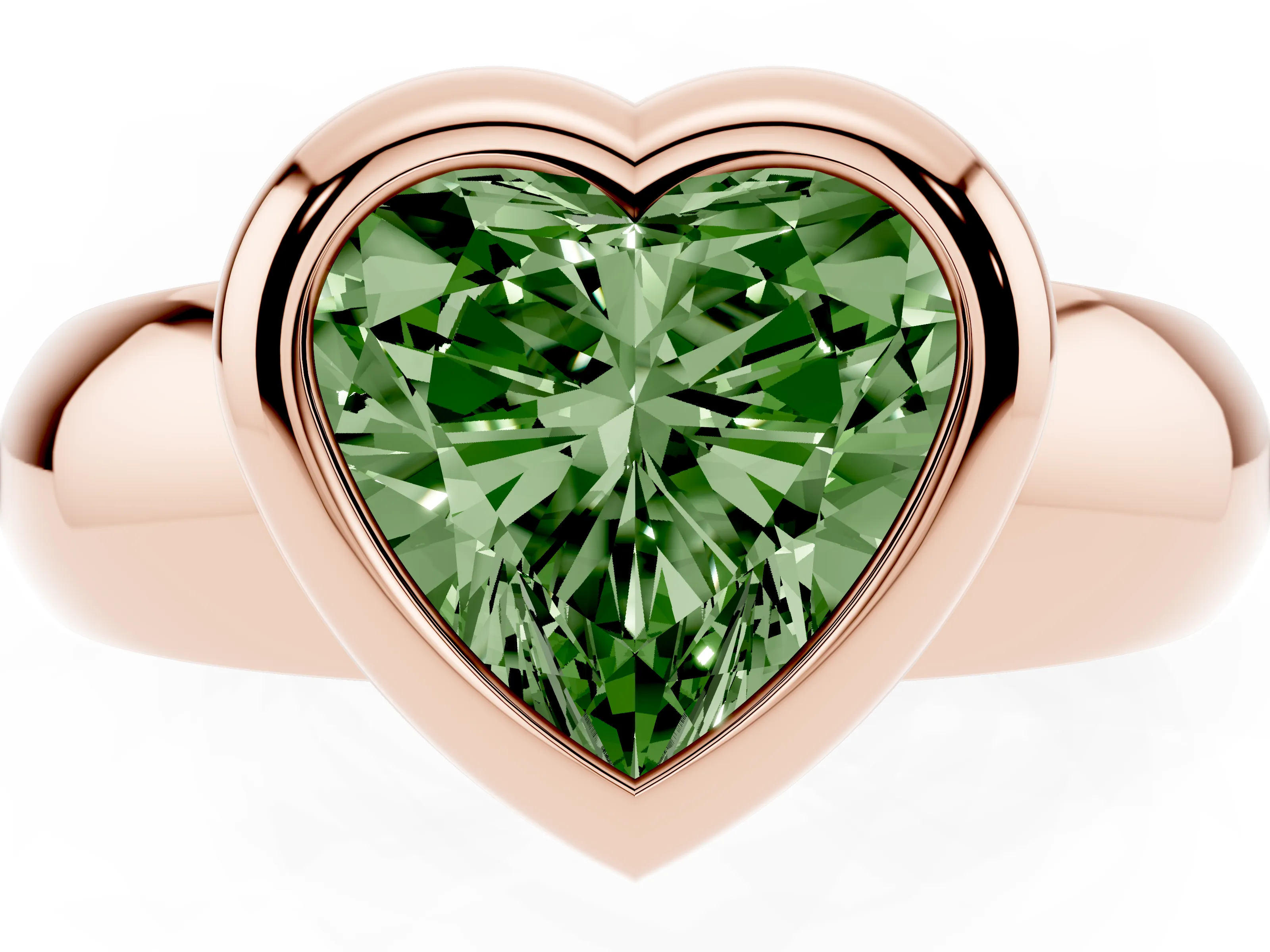 Fancy Green Bezel Set Heart Cut Diamond Solitaire Ring Set in Rose gold with Wide Band