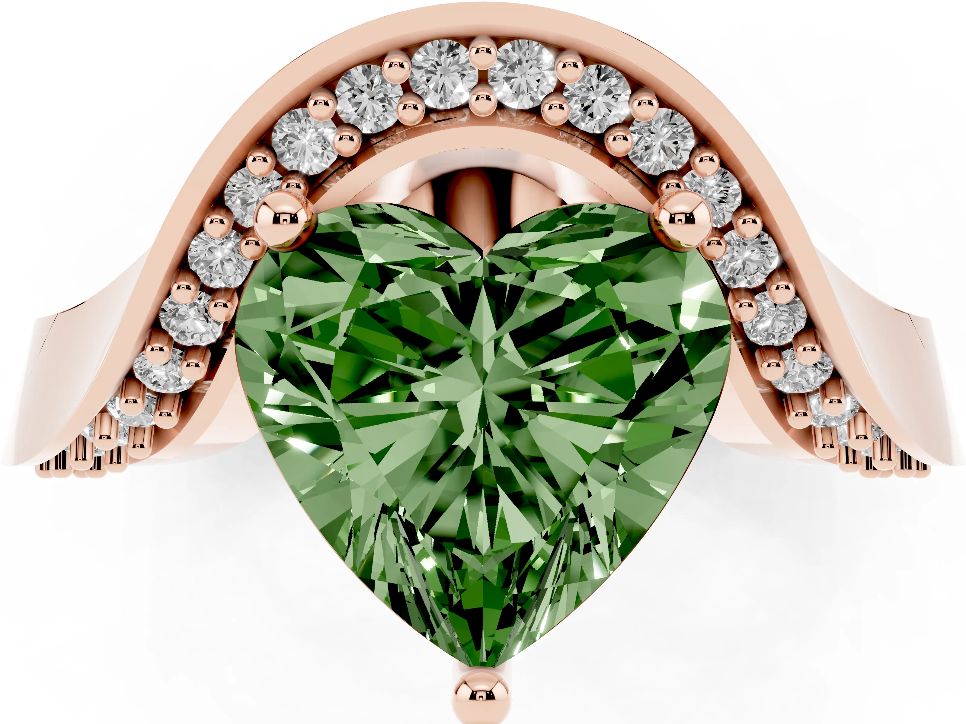 Fancy Green Heart Cut Diamond Solitaire Engagement Ring Set in Rose gold with Pavé Shoulders