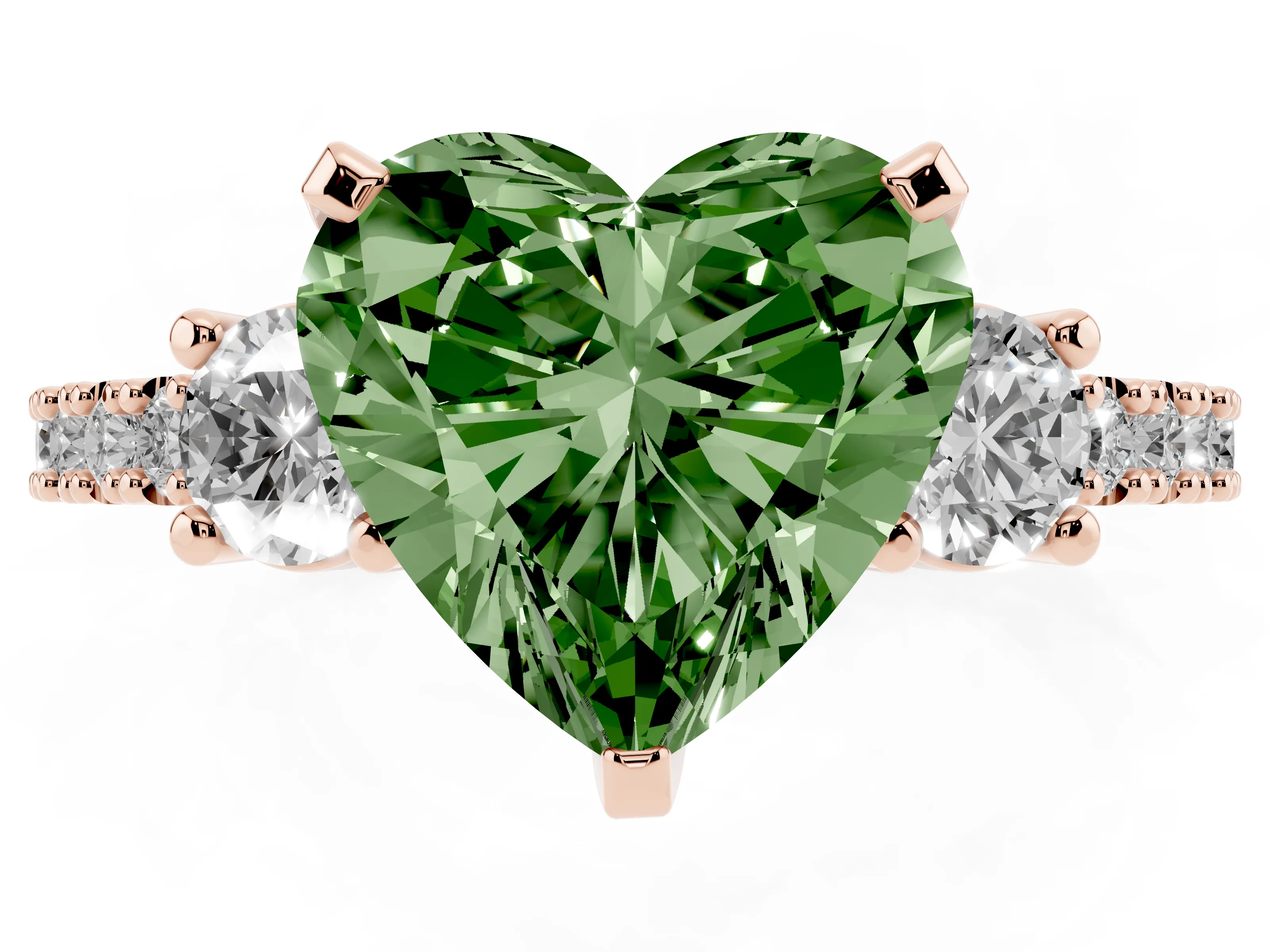 Fancy Green Three-Stone Heart Cut Diamond Pavé Band Ring Set in Rose gold with Prong Setting