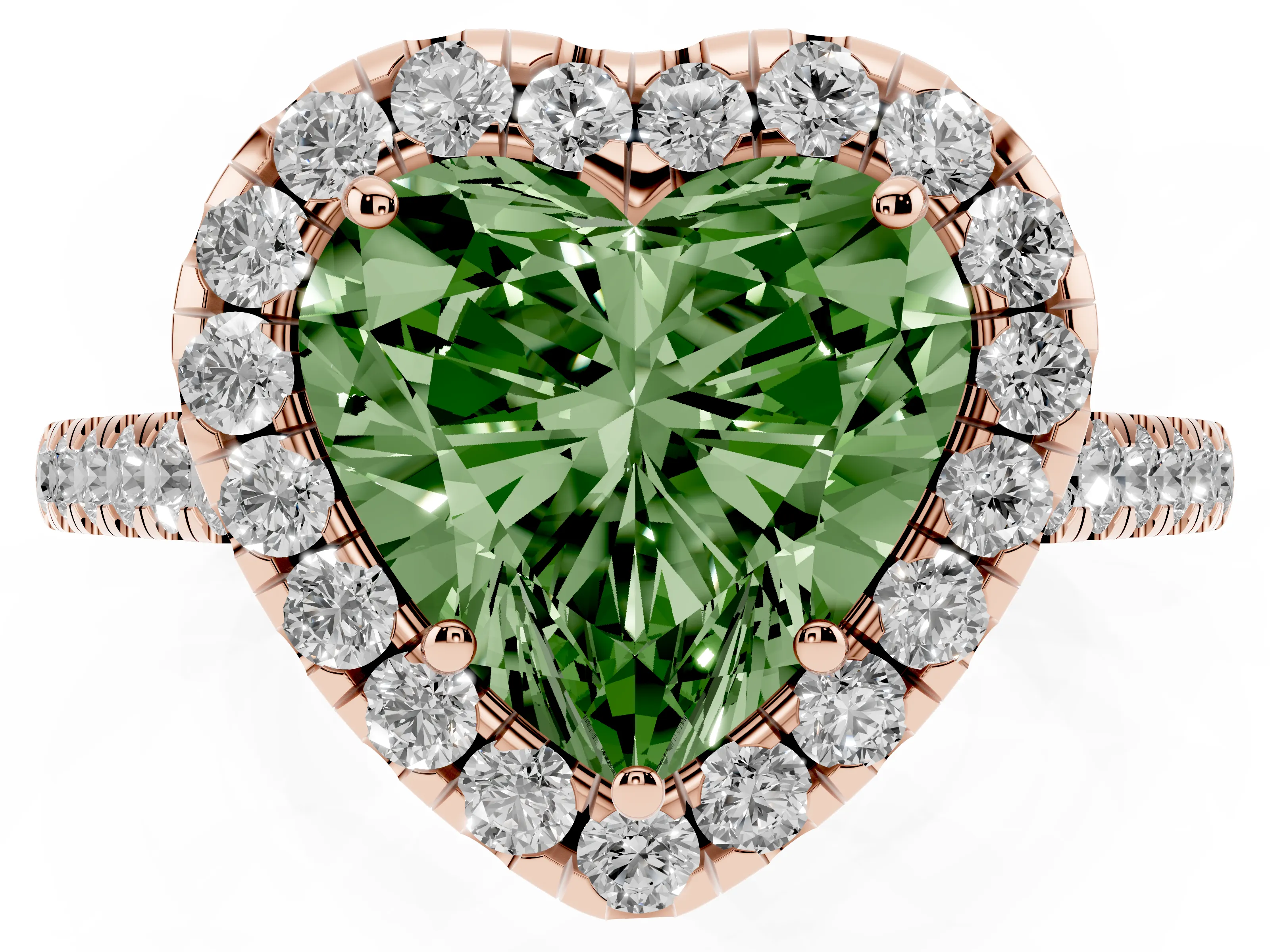 Fancy Green Heart Cut Diamond Halo Pavé Engagement Ring Set in Rose gold with Prong Setting