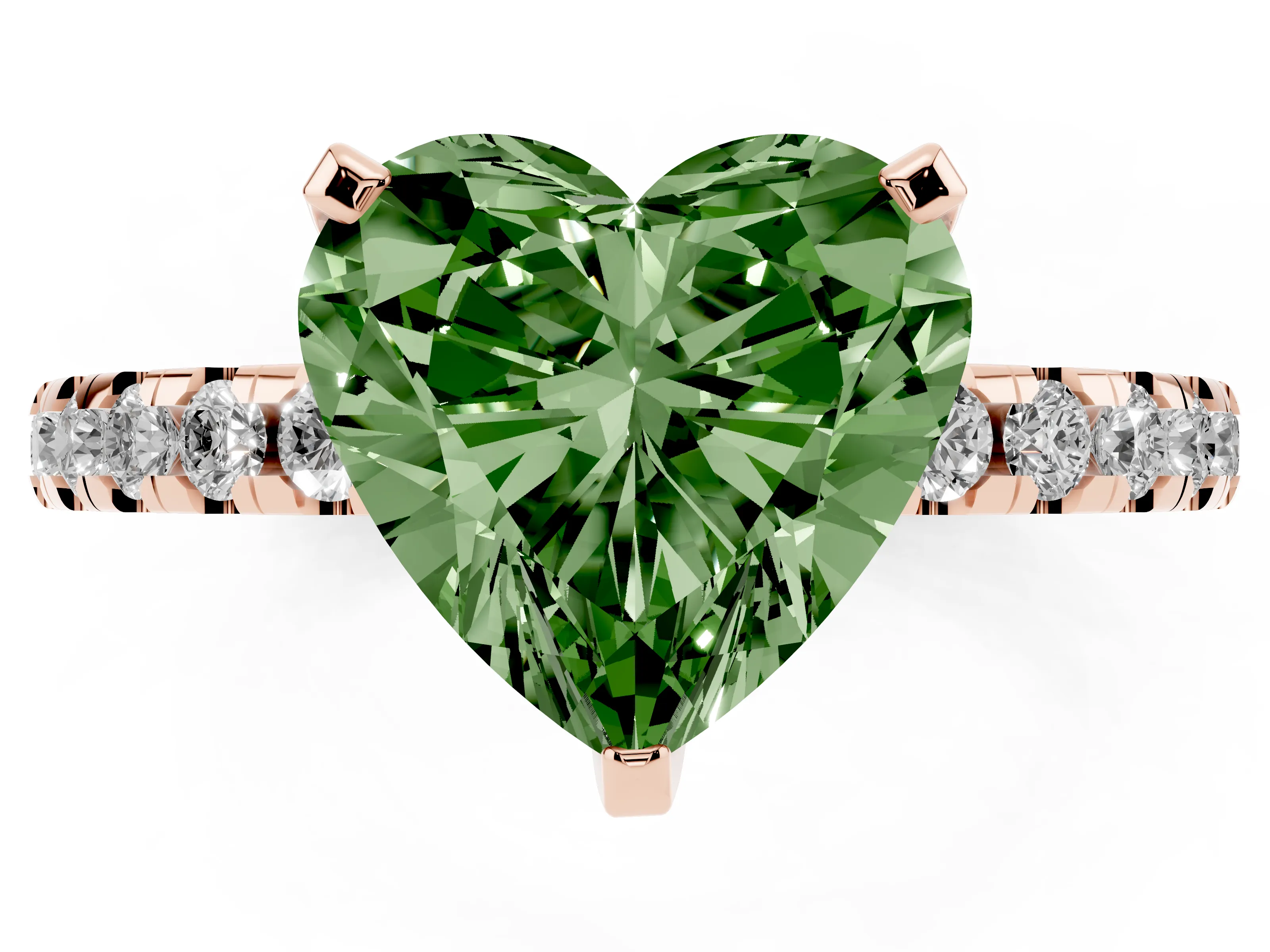 Fancy Green Heart Cut Diamond Pavé Solitaire Ring Set in Rose gold with Round Band Accents and Prong Setting