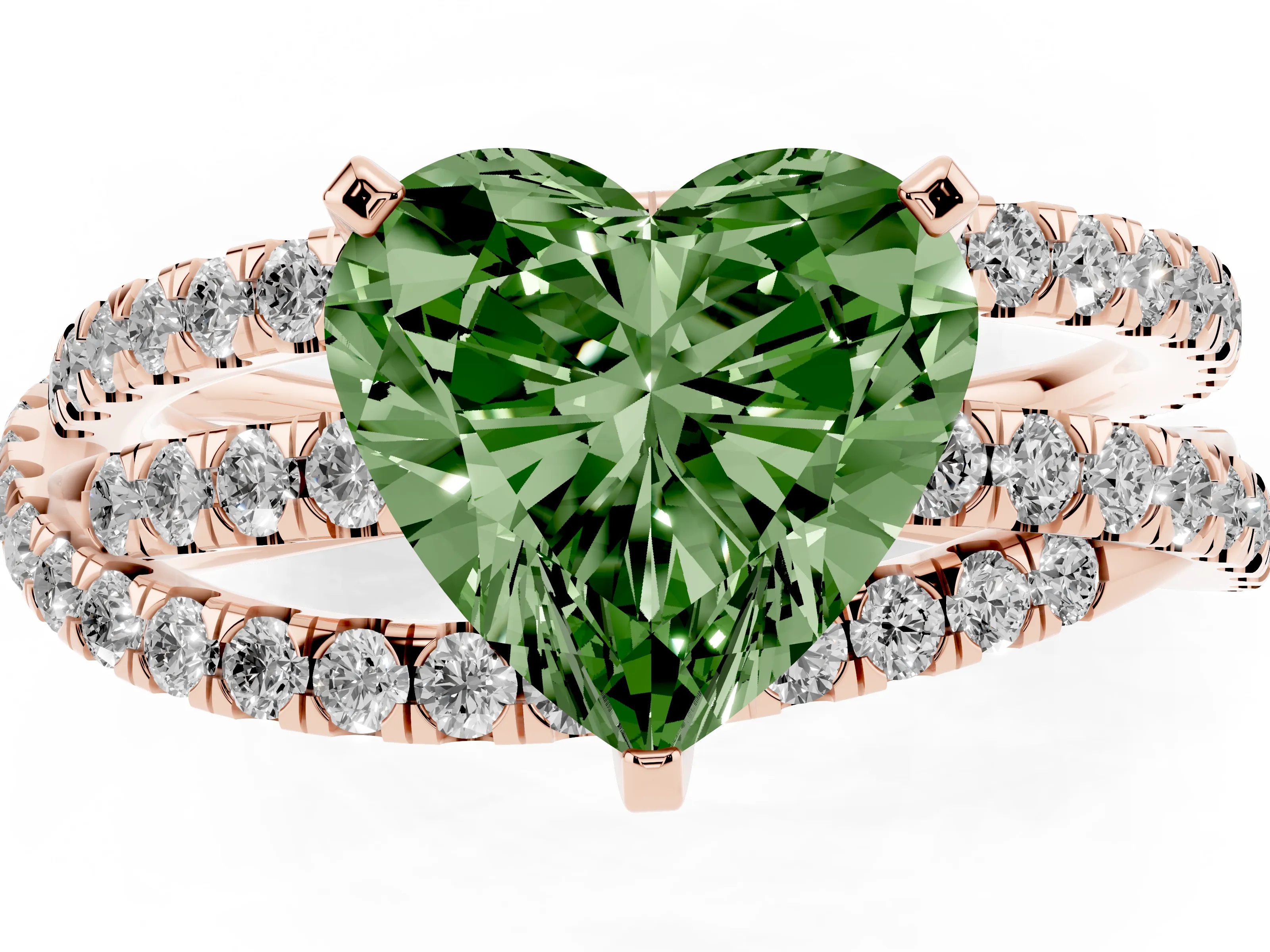 Fancy Green Heart Cut Diamond Solitaire Twist Band Ring Set in Rose gold with Pavé Setting and Prong Head