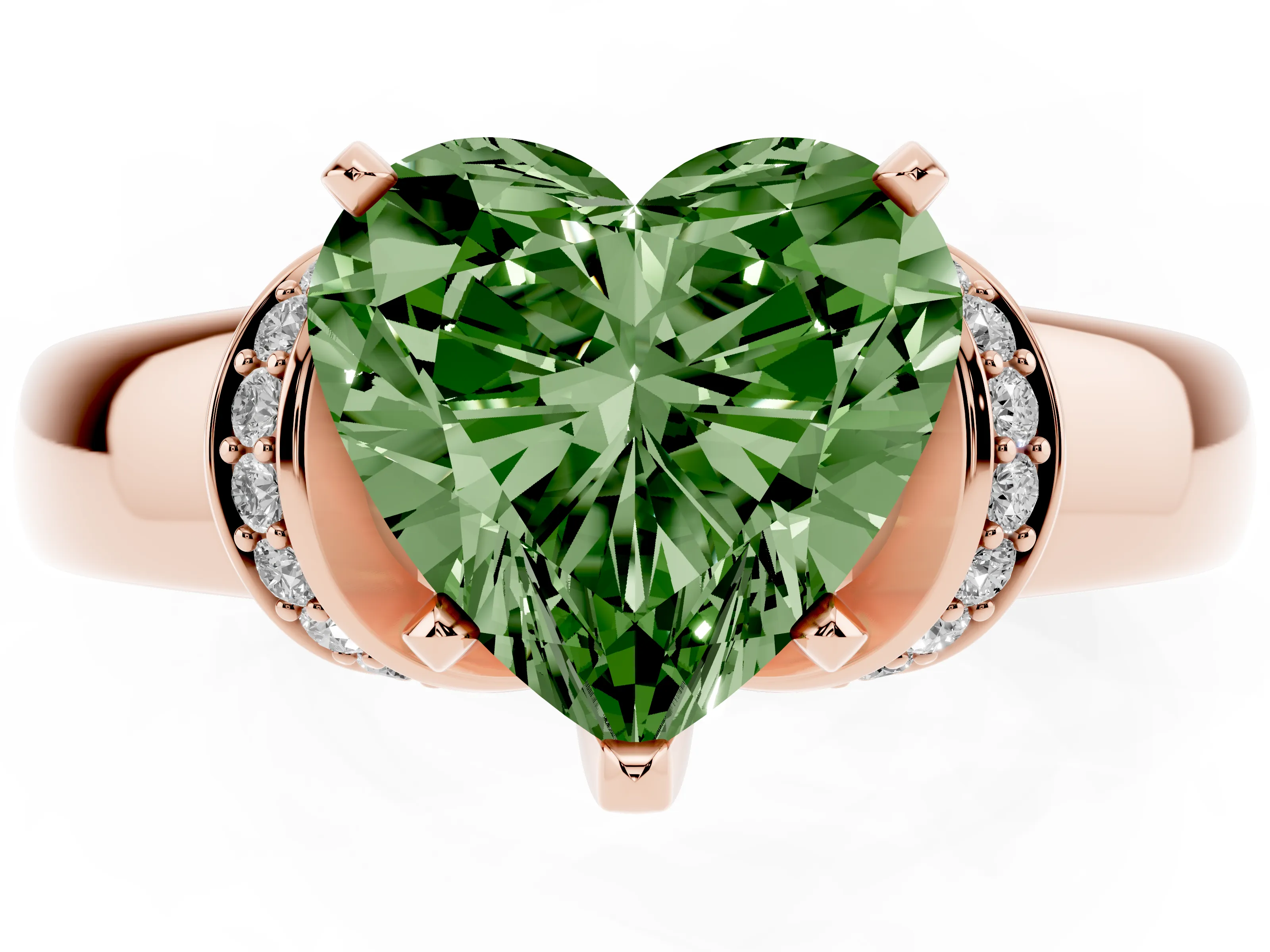 Fancy Green Heart Cut Diamond Pavé Band Solitaire Ring Set in Rose gold with Prong Setting
