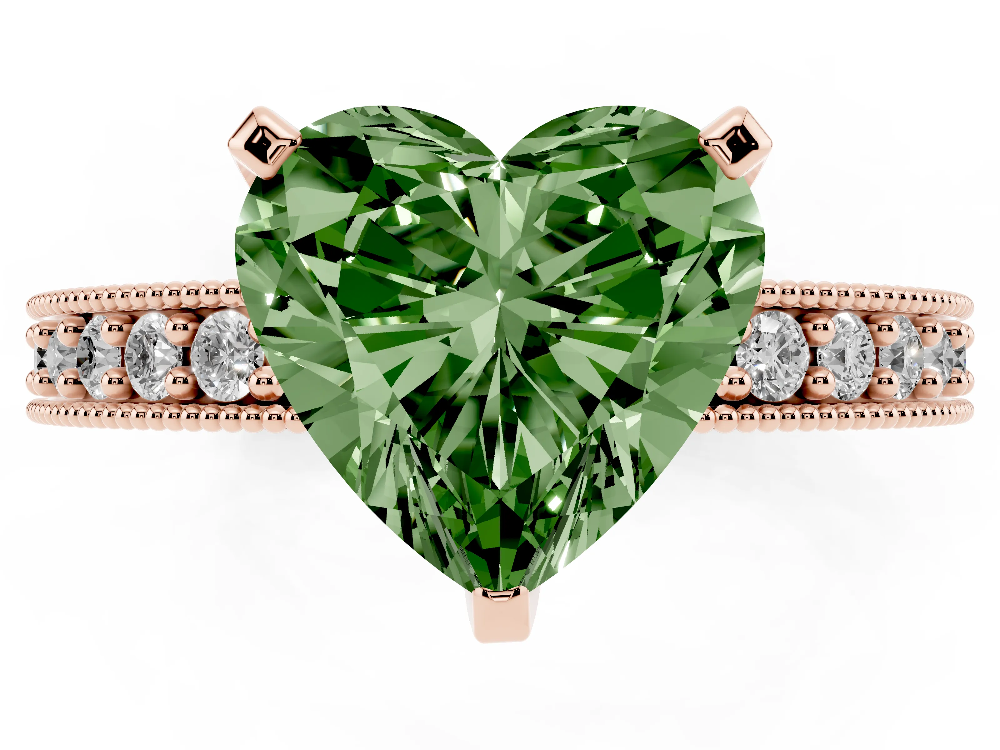 Fancy Green Heart Cut Diamond Milgrain Pavé Engagement Ring Set in Rose gold with Prong Setting