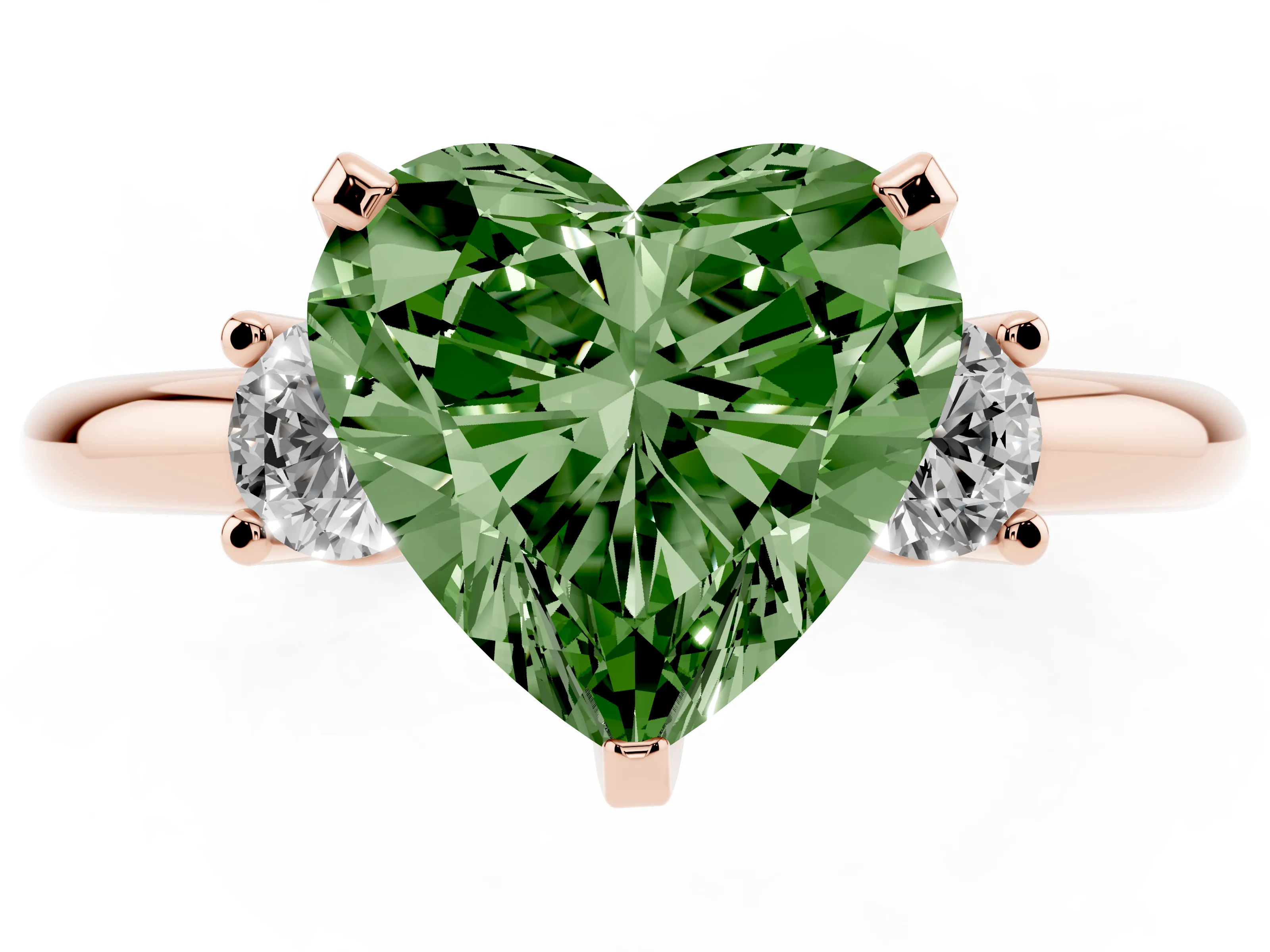 Fancy Green Three-Stone Heart Cut Diamond Ring Set in Rose gold with Prong Setting and Plain Band