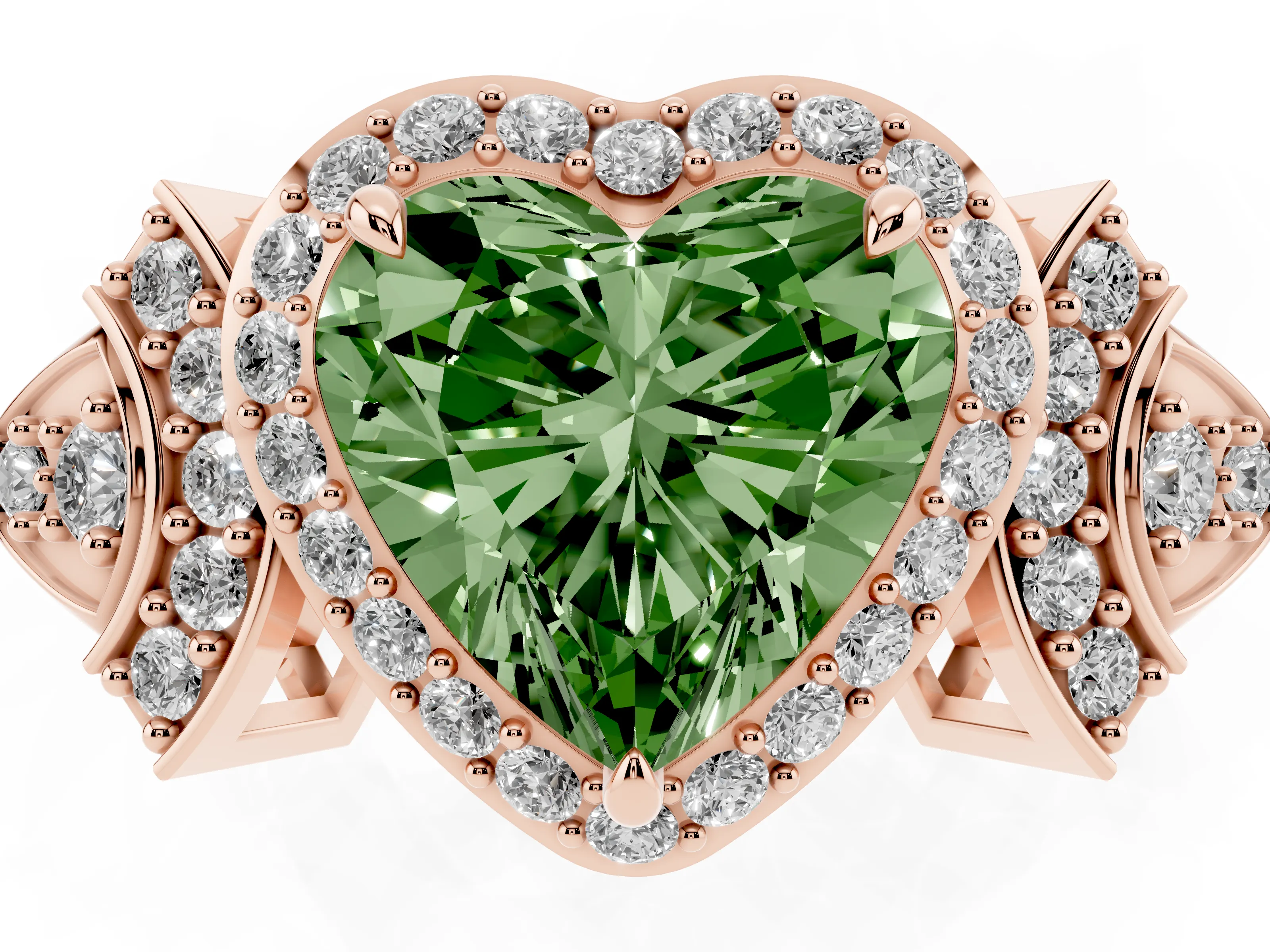 Fancy Green Heart Cut Diamond Halo Engagement Ring Set in Rose gold with Accent Stone Split Shank