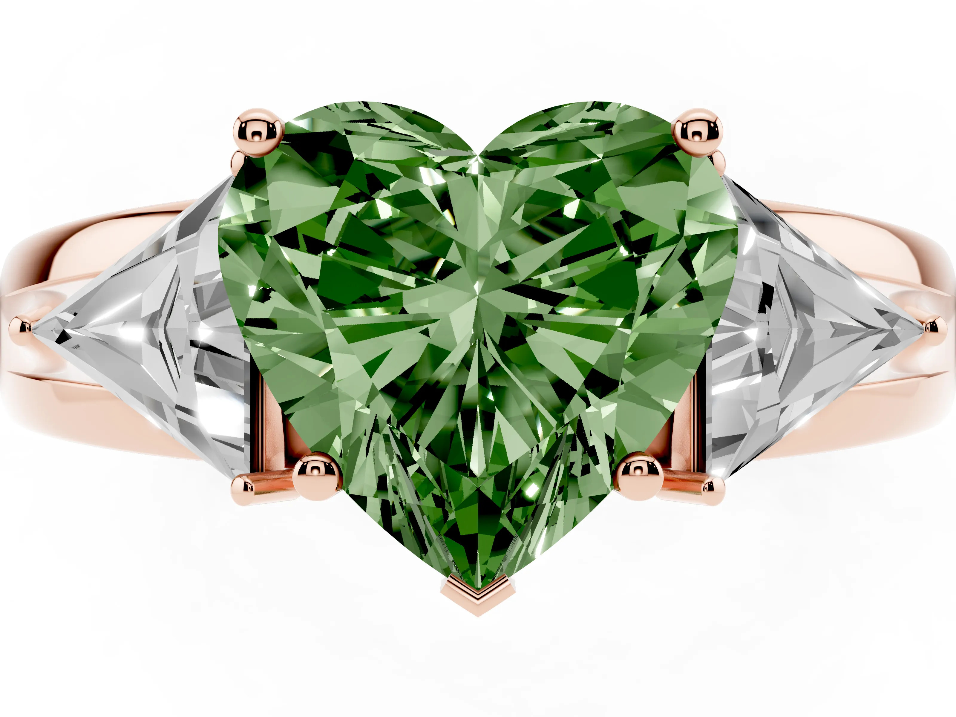 Fancy Green Heart Cut Diamond Three-Stone Ring Set in Rose gold with Trillion Side Stones and Split Shank