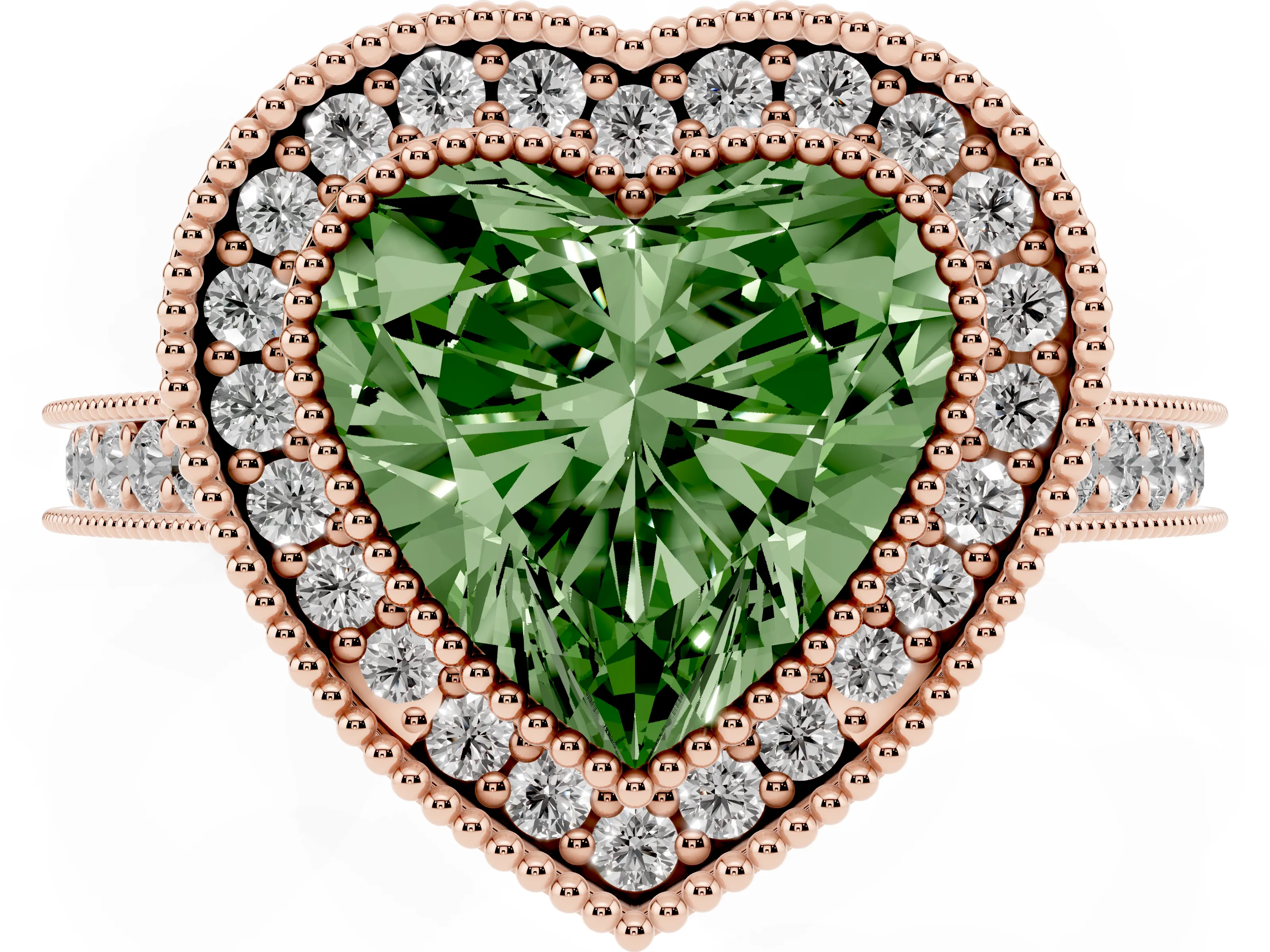Fancy Green Heart Cut Diamond Halo Milgrain Pavé Band Ring Set in Rose gold with Prong Setting