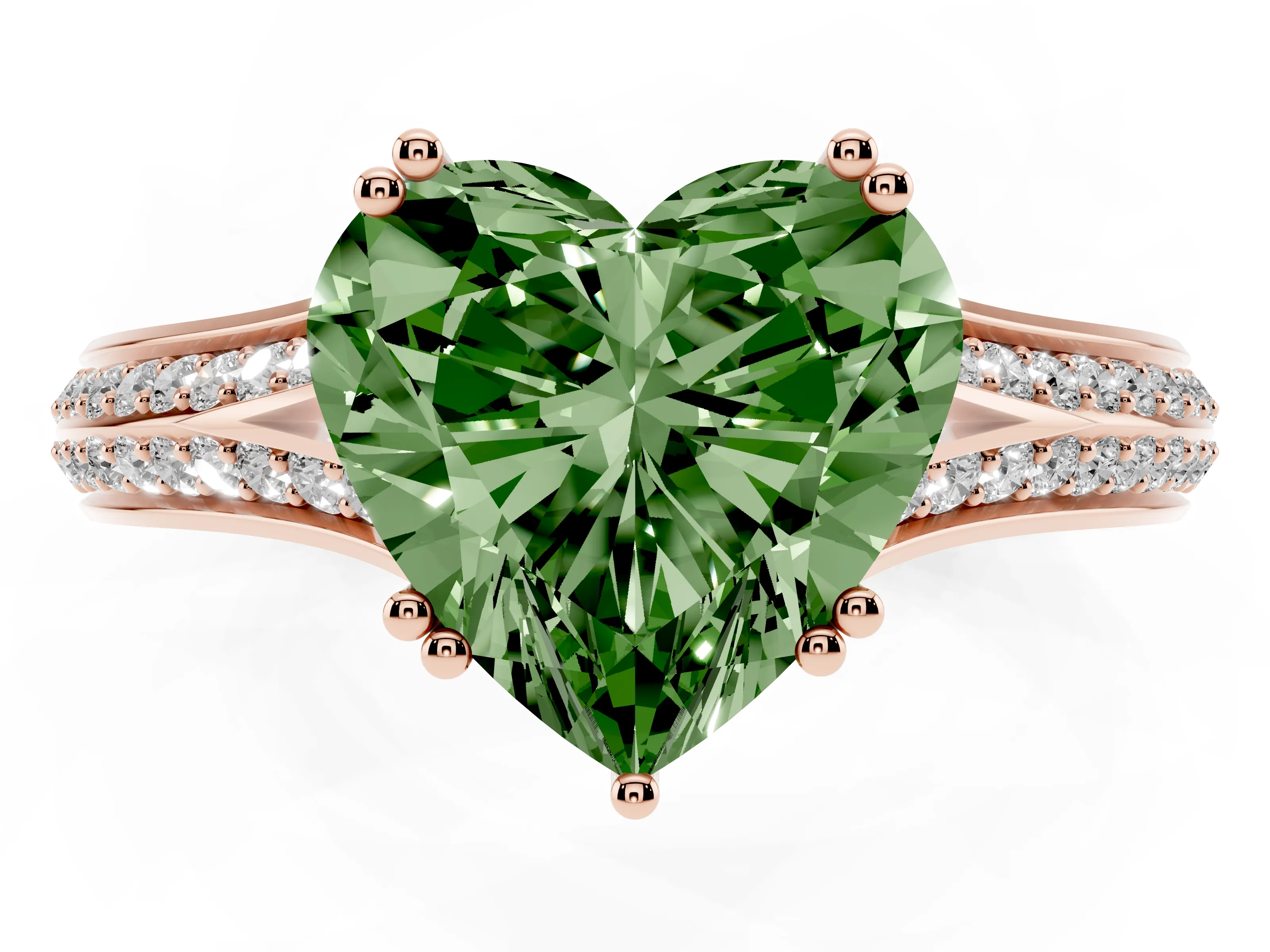 Fancy Green Heart Cut Diamond Split Shank Pavé Engagement Ring Set in Rose gold with Prong-Set Center Stone