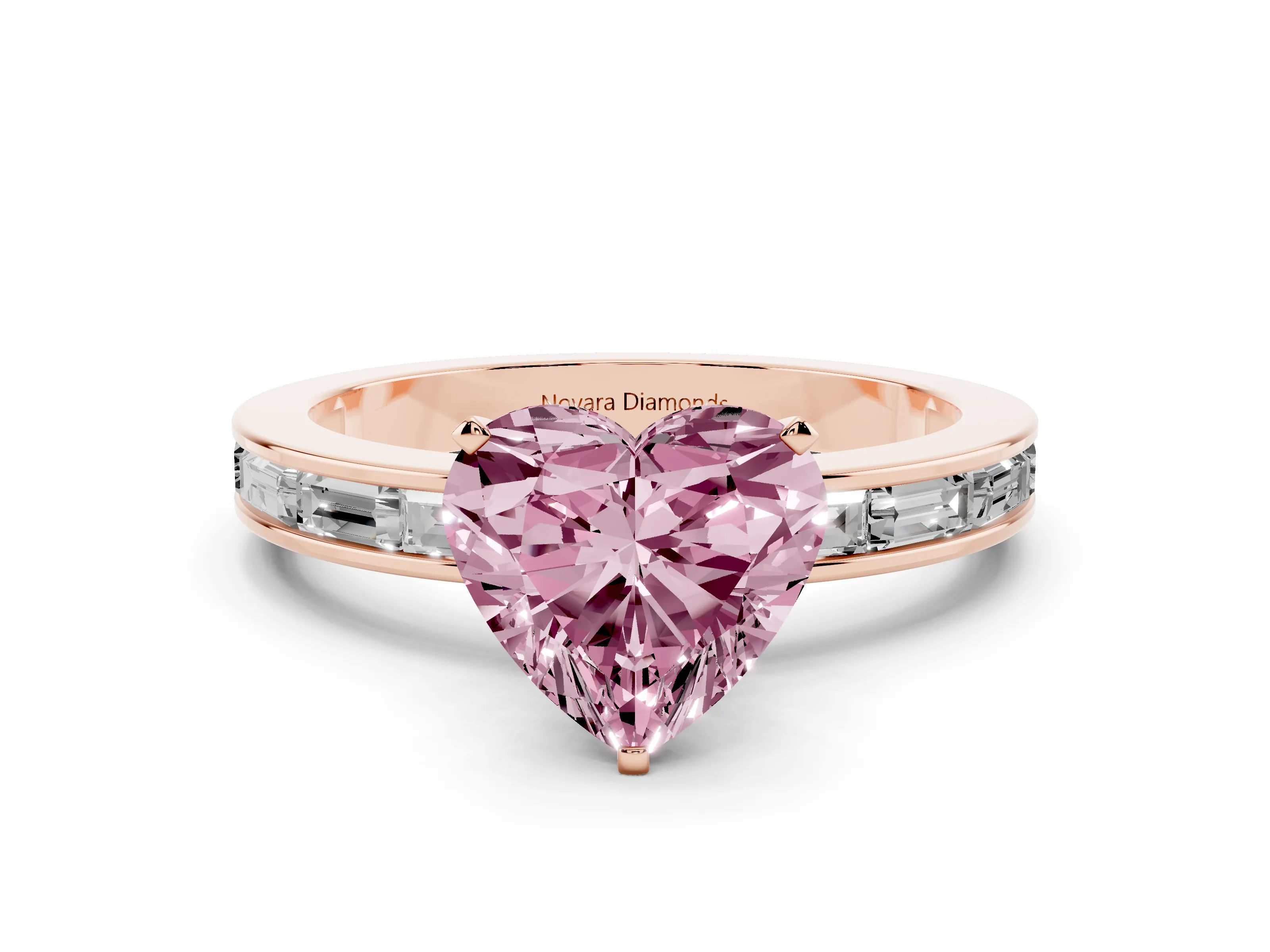 Fancy Pink Heart Cut Diamond Solitaire Ring Set in Rose gold with Channel-Set Baguette Band and Prong Setting