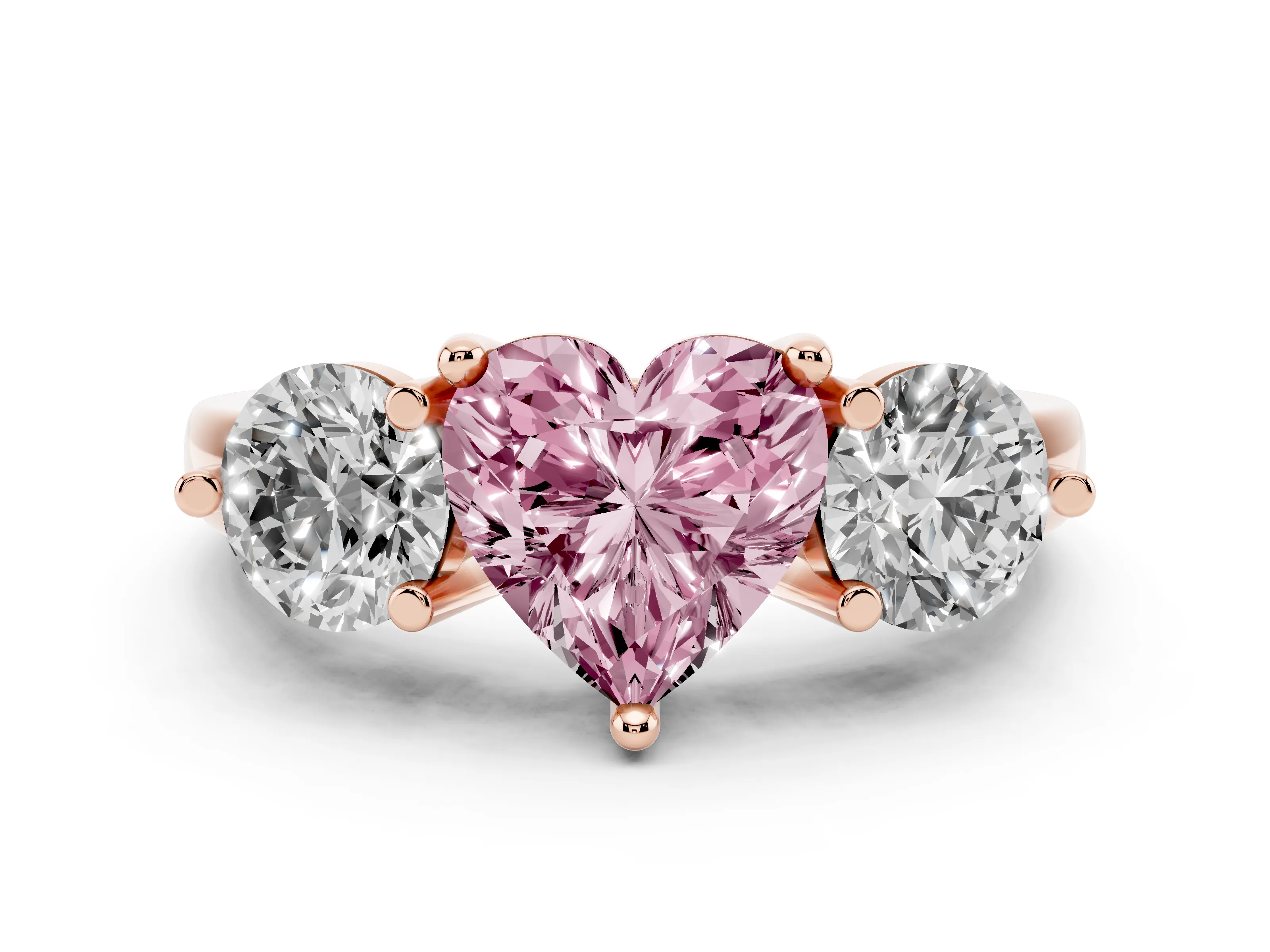 Fancy Pink Heart Cut Diamond Three-Stone Ring Set in Rose gold with Prong Setting and Classic Band