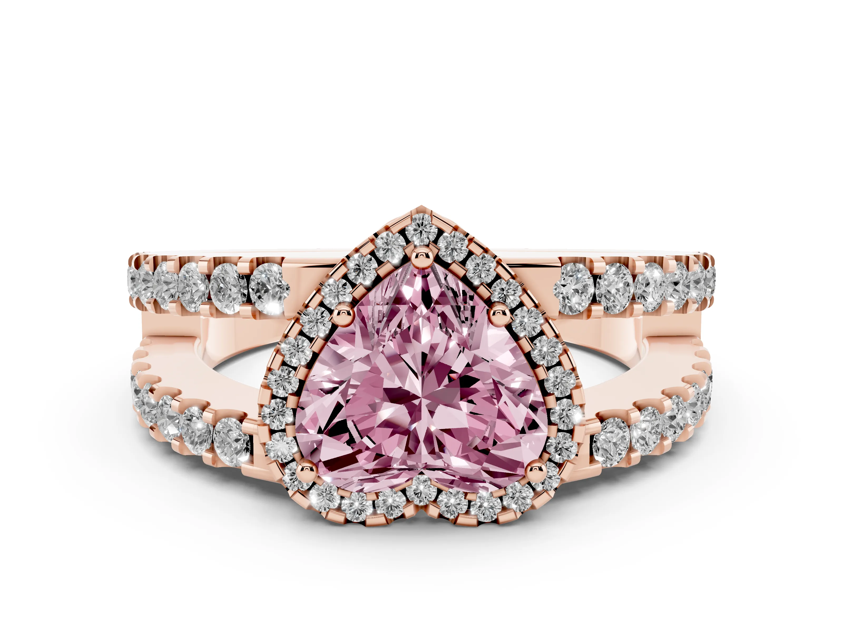 Fancy Pink Heart Cut Diamond Halo Ring Set in Rose gold with Pavé Split Shank and Prong Setting