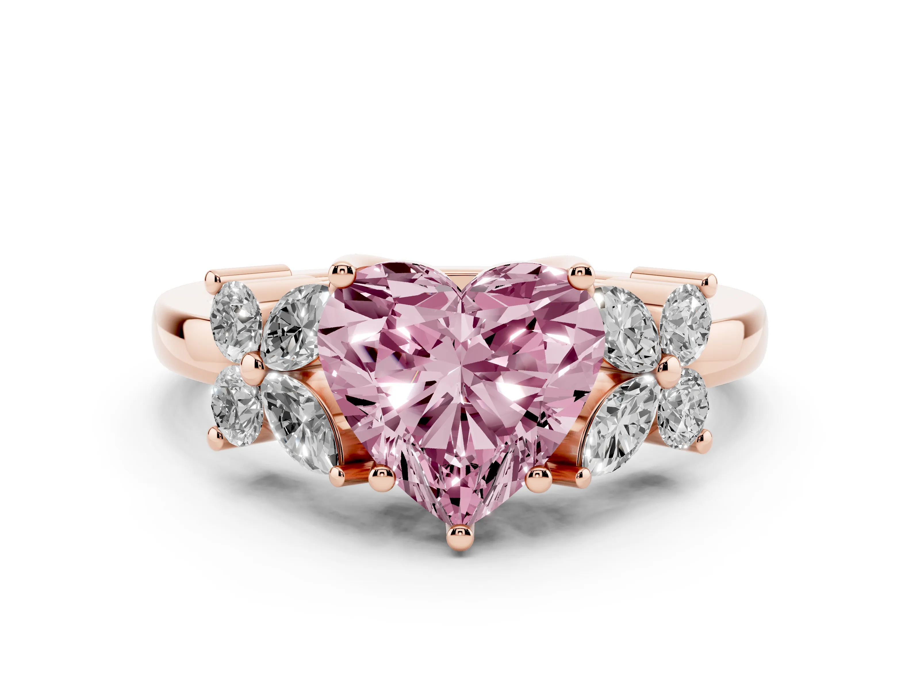 Fancy Pink Heart Cut Diamond Floral Cluster Ring Set in Rose gold with Marquise Petals and Prong Setting