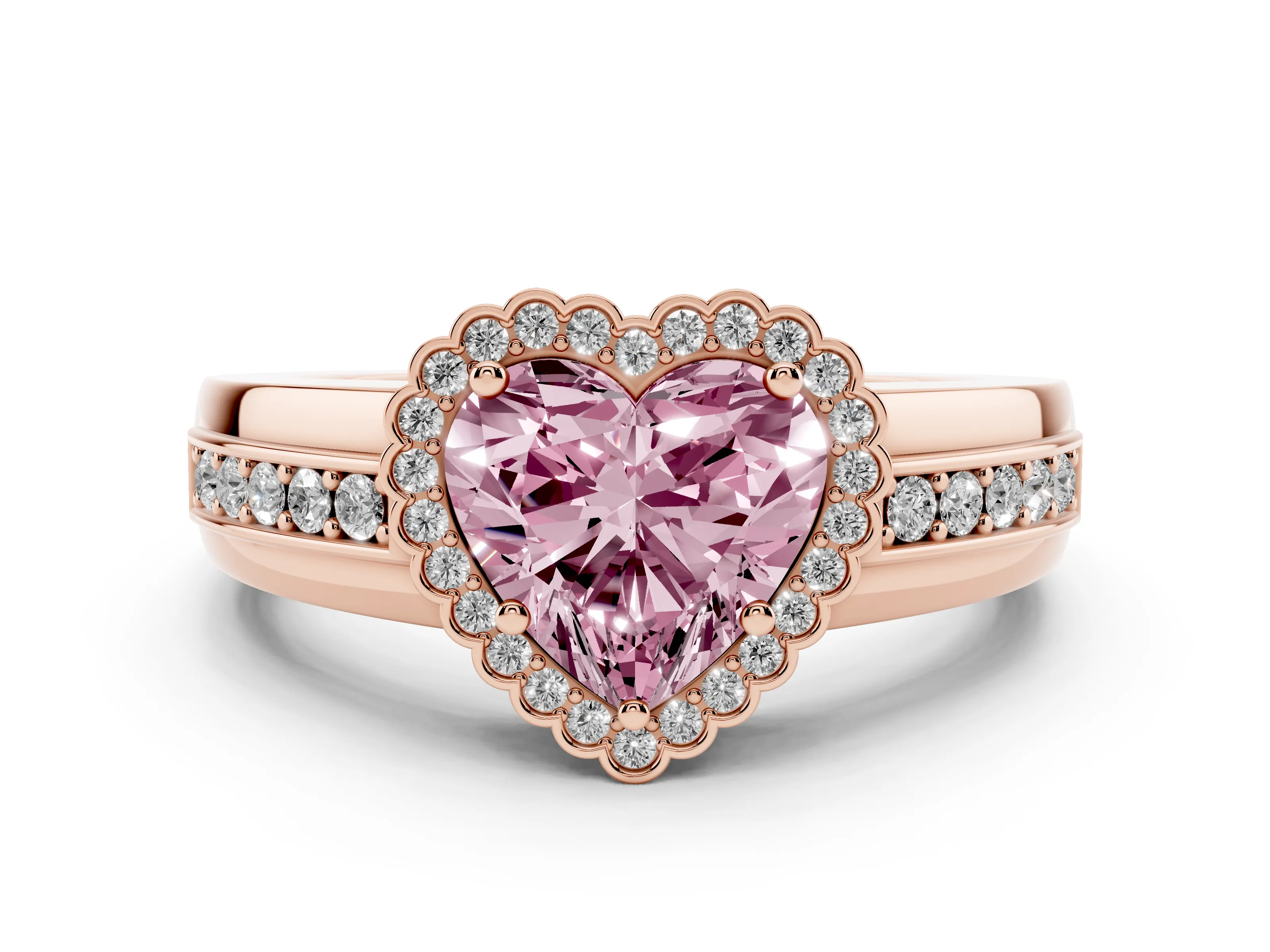 Fancy Pink Heart Cut Diamond Halo Prong Ring Set in Rose gold with Pavé Band