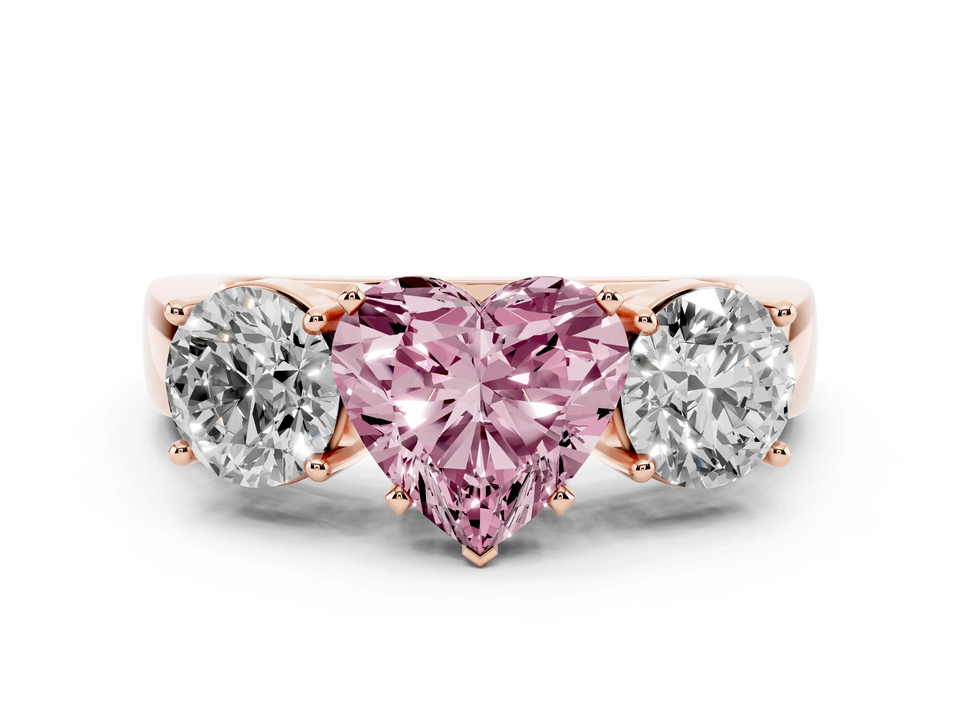 Fancy Pink Heart Cut Diamond Three-Stone Ring Set in Rose gold with Round Side Stones and Classic Band