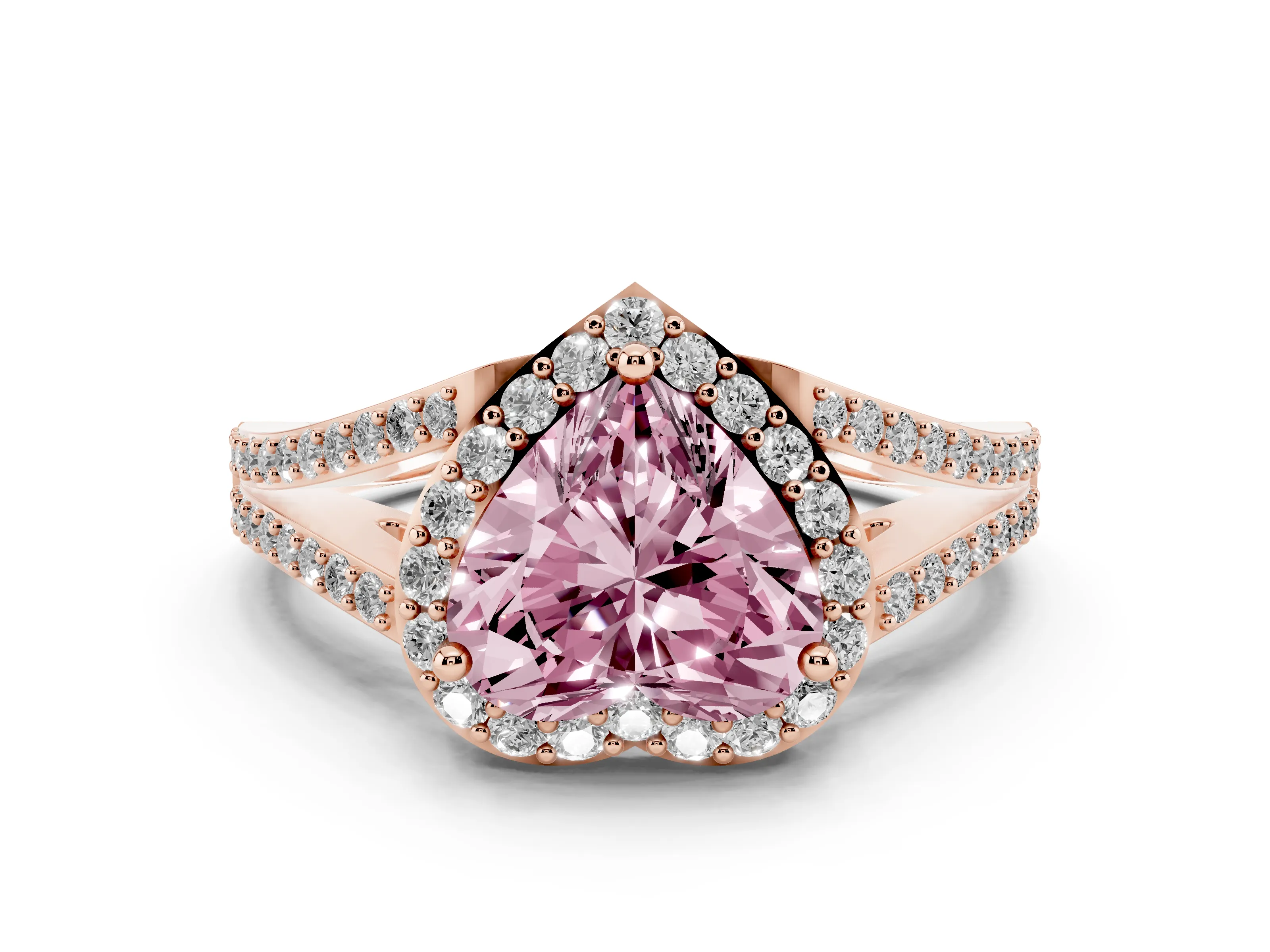 Fancy Pink Heart Cut Diamond Halo Split Shank Pavé Ring Set in Rose gold with Prong Setting