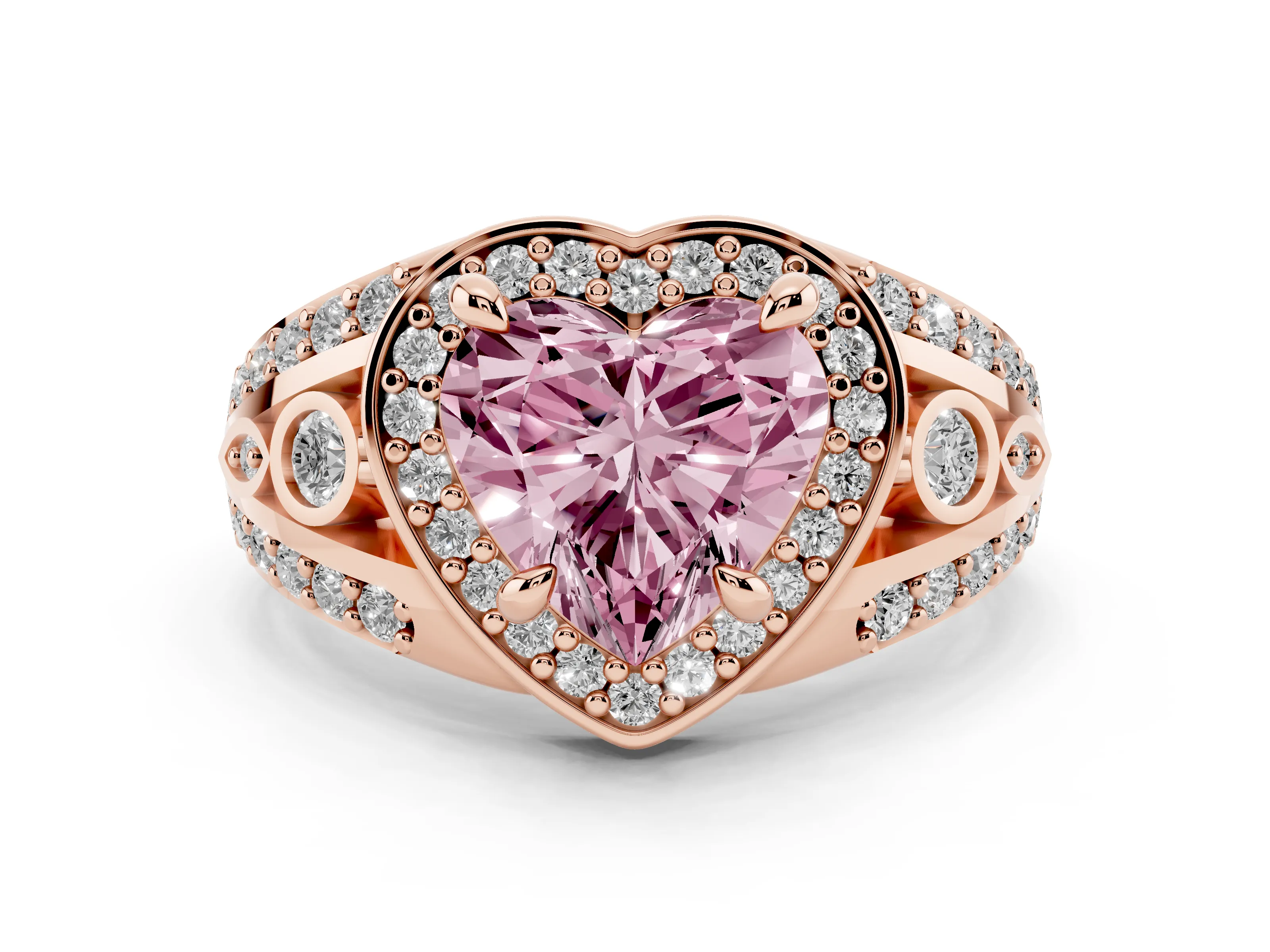Fancy Pink Heart Cut Diamond Halo Ring Set in Rose gold with Pavé Split Shank and Bezel Accents