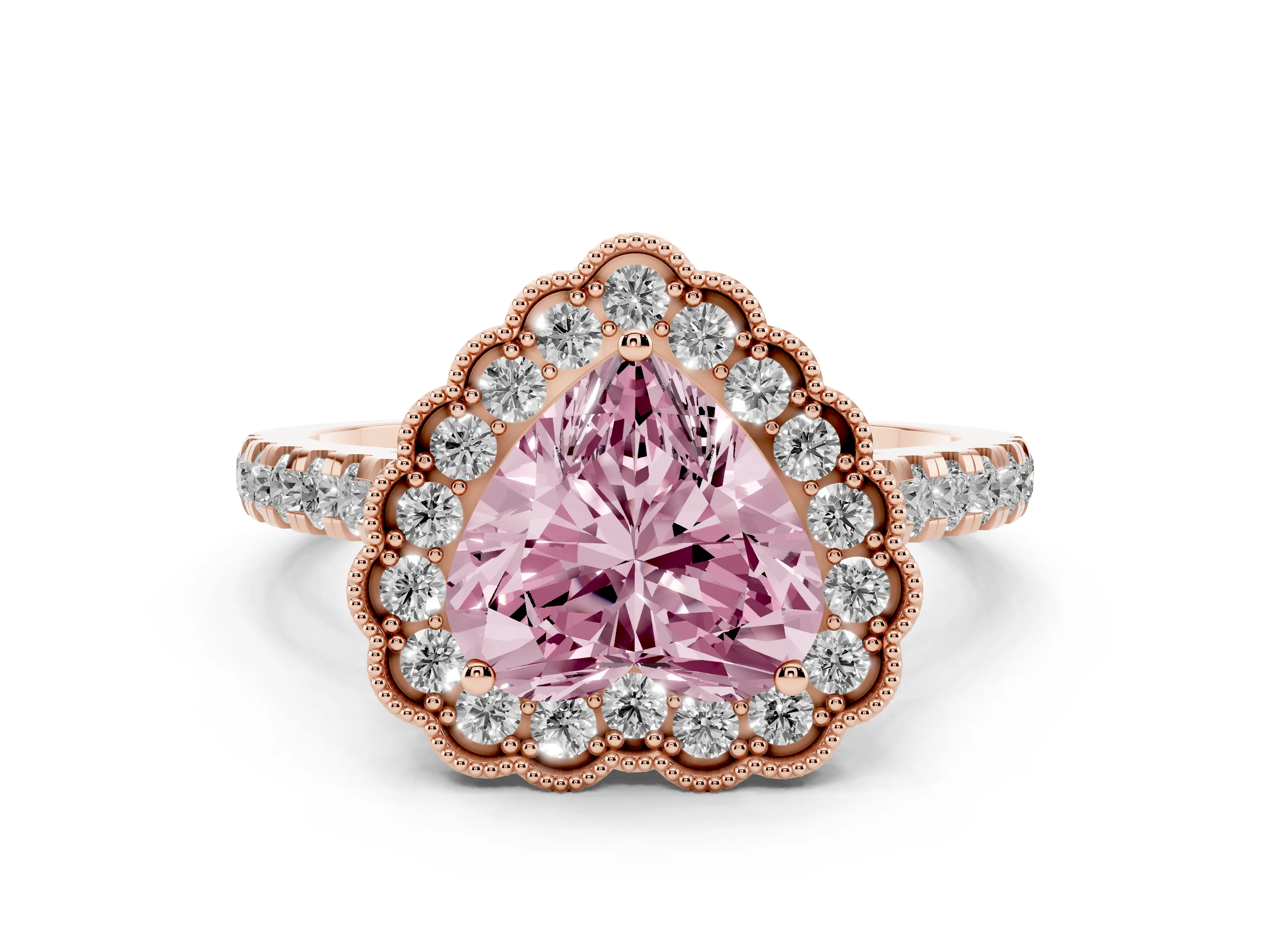 Fancy Pink Heart Cut Diamond Milgrain Floral Halo Engagement Ring Set in Rose gold with Pavé Band