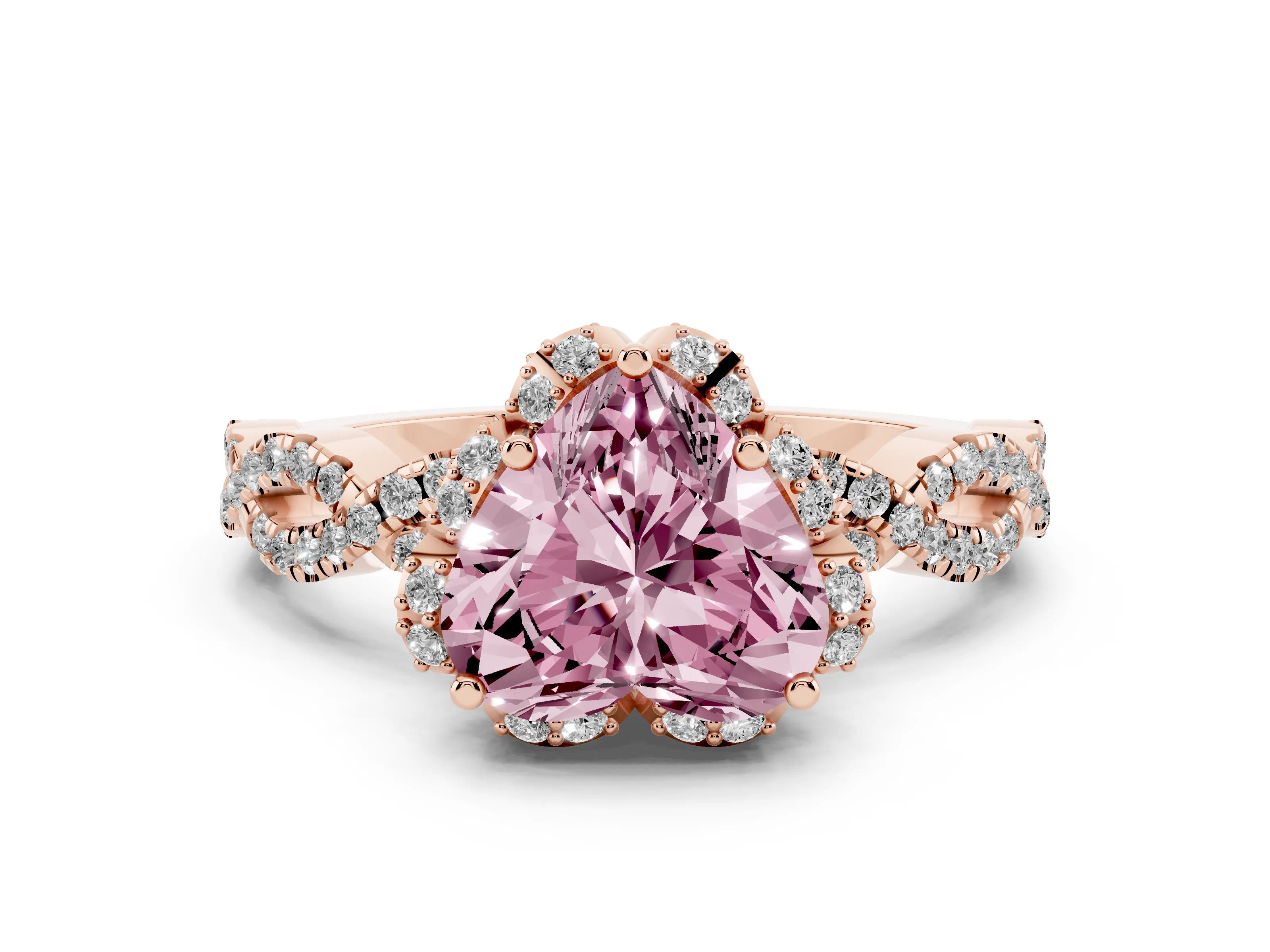 Fancy Pink Heart Cut Diamond Halo Twist Band Solitaire Ring Set in Rose gold with Prong-Set Center Stone