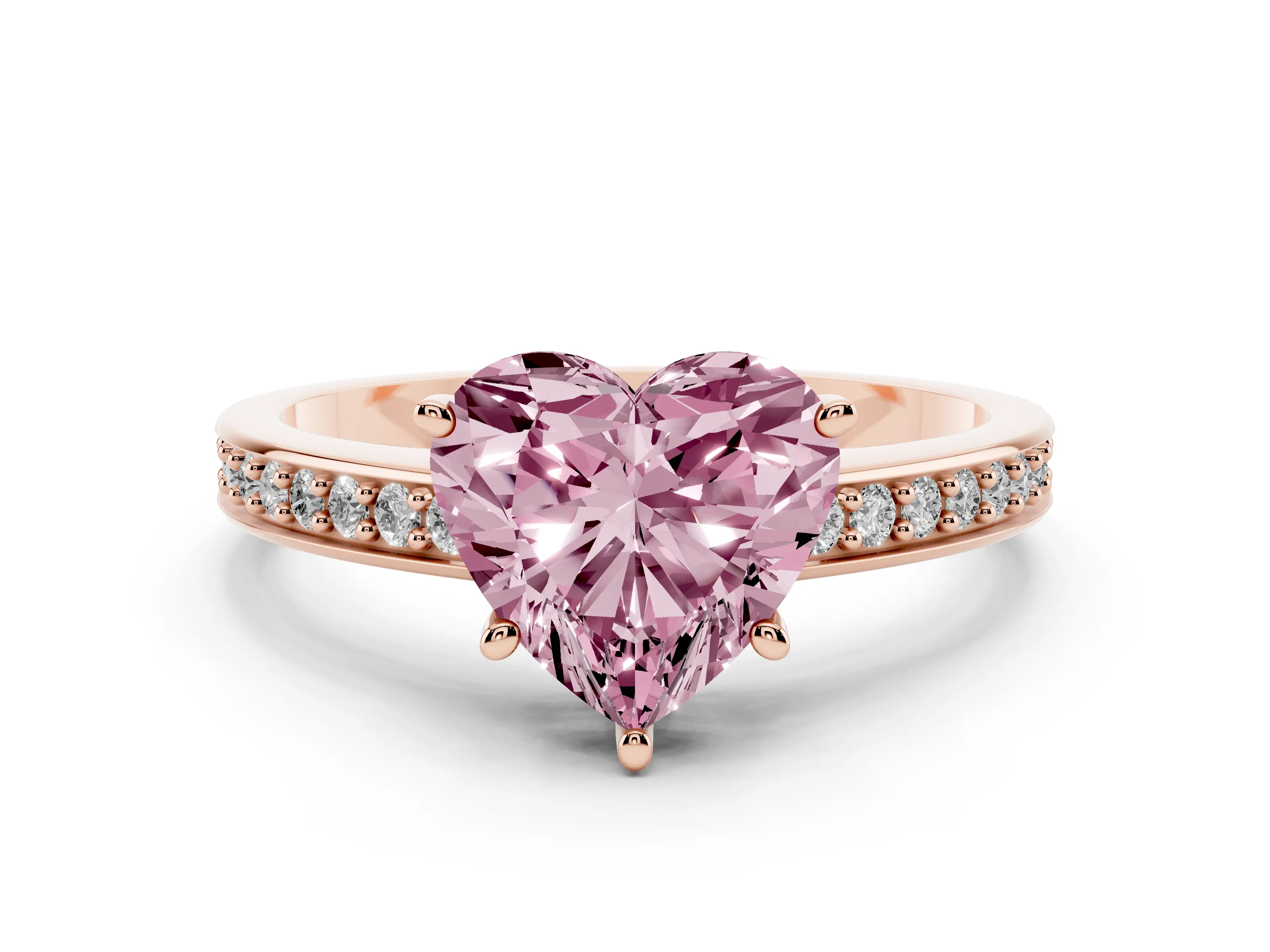 Fancy Pink Heart Cut Diamond Pavé Band Prong Set Solitaire Ring Set in Rose gold