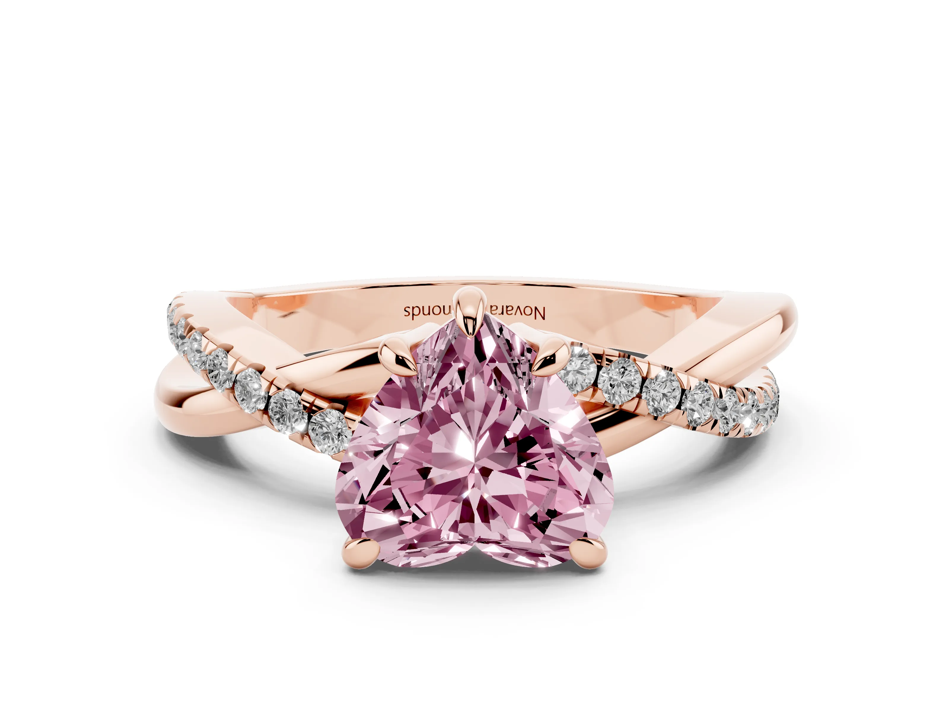 Fancy Pink Heart Cut Diamond Twist Band Solitaire Set in Rose gold with Pavé Accents and Prong Setting