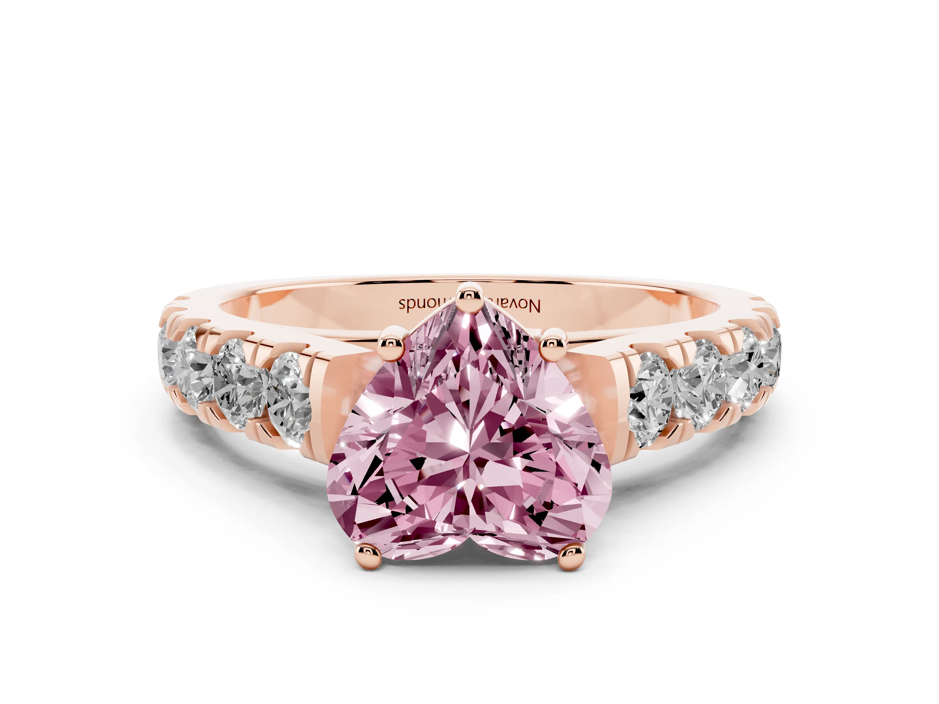 Fancy Pink Heart Cut Diamond Solitaire Ring Set in Rose gold with Cut-Down Micro Pavé Band and Prong Setting