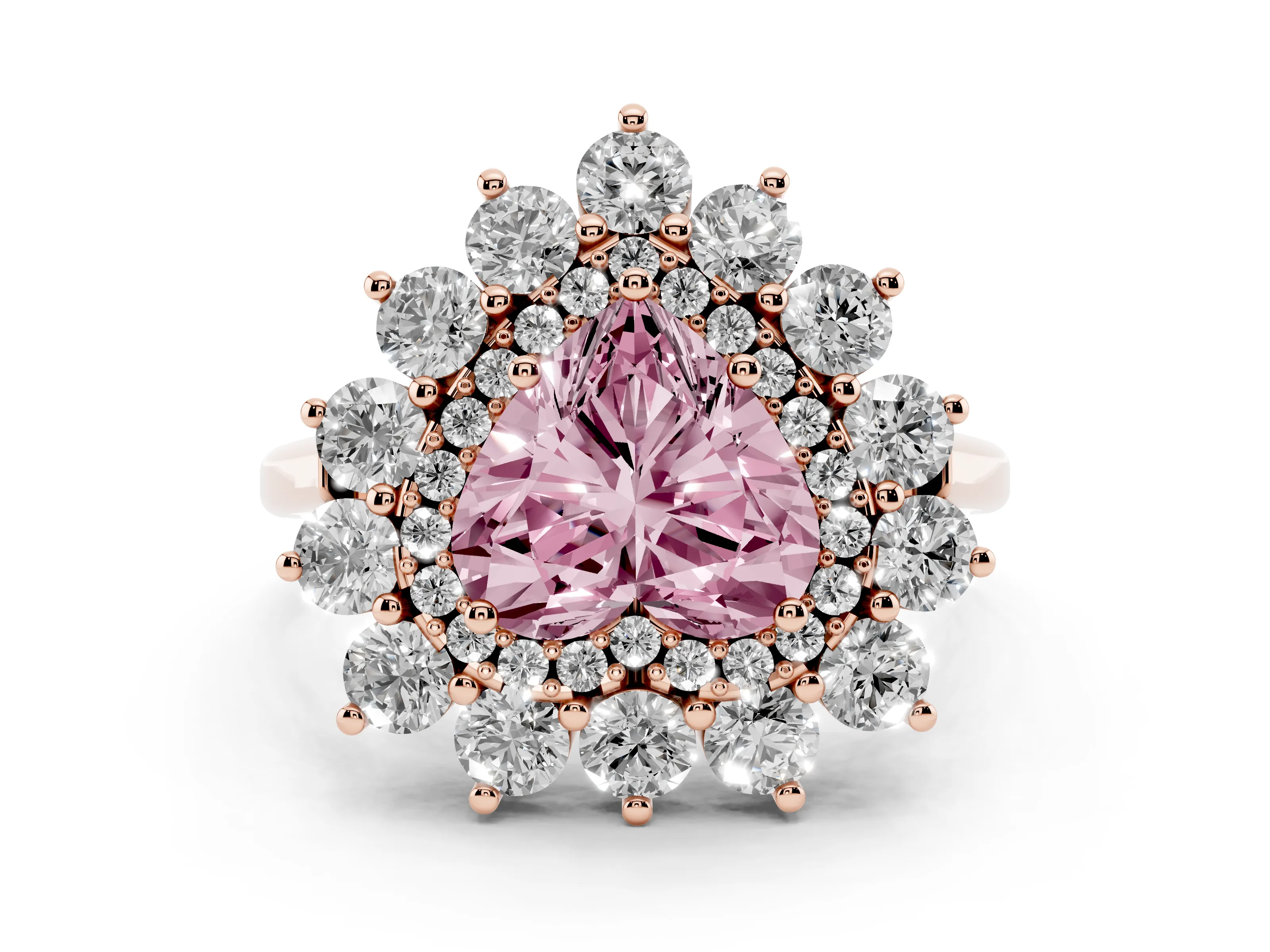 Fancy Pink Heart Cut Diamond Floral Double Halo Ring Set in Rose gold with Round Petals