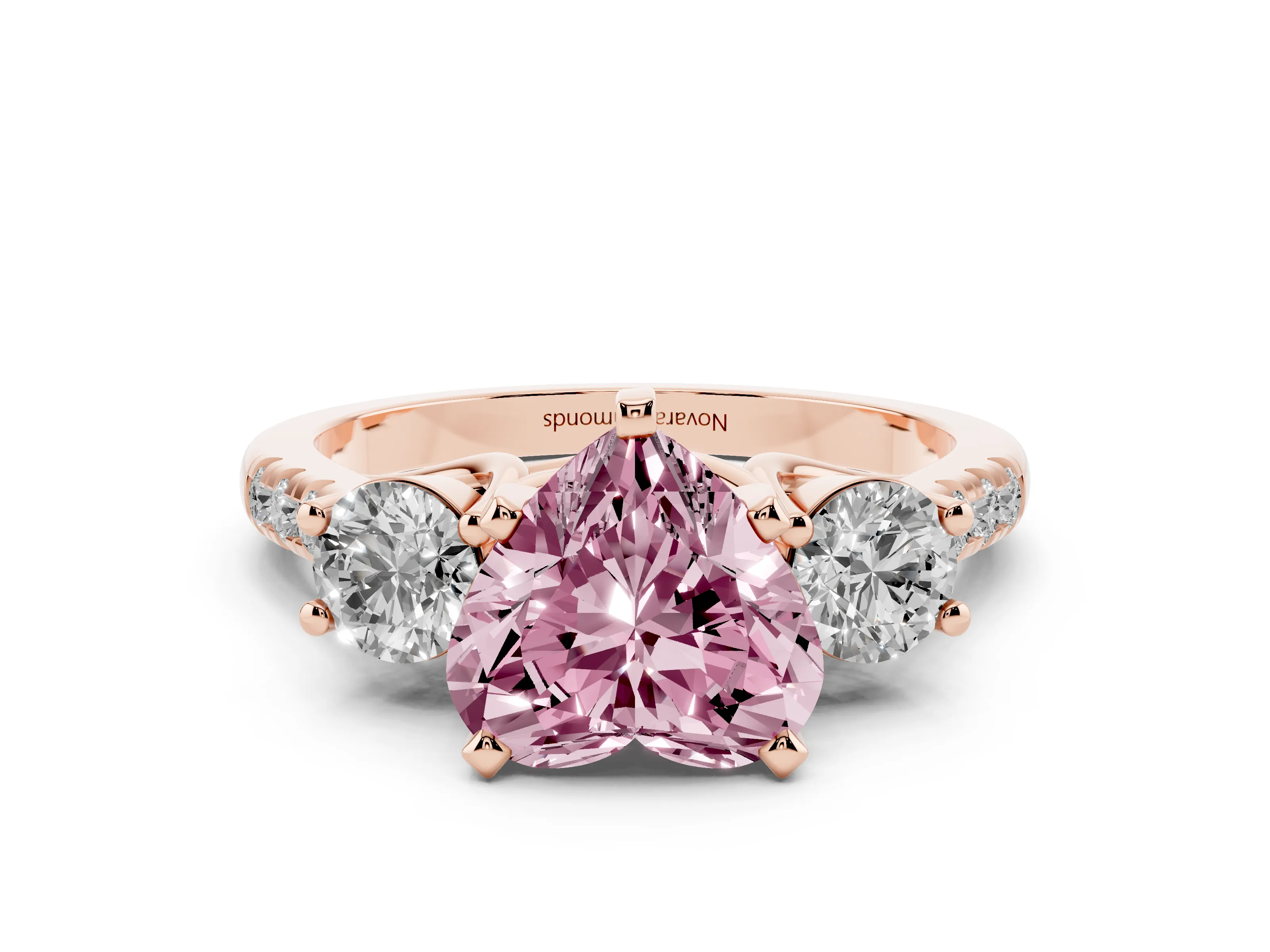 Fancy Pink Three-Stone Heart Cut Diamond Pavé Band Ring Set in Rose gold with Prong-Set Trio