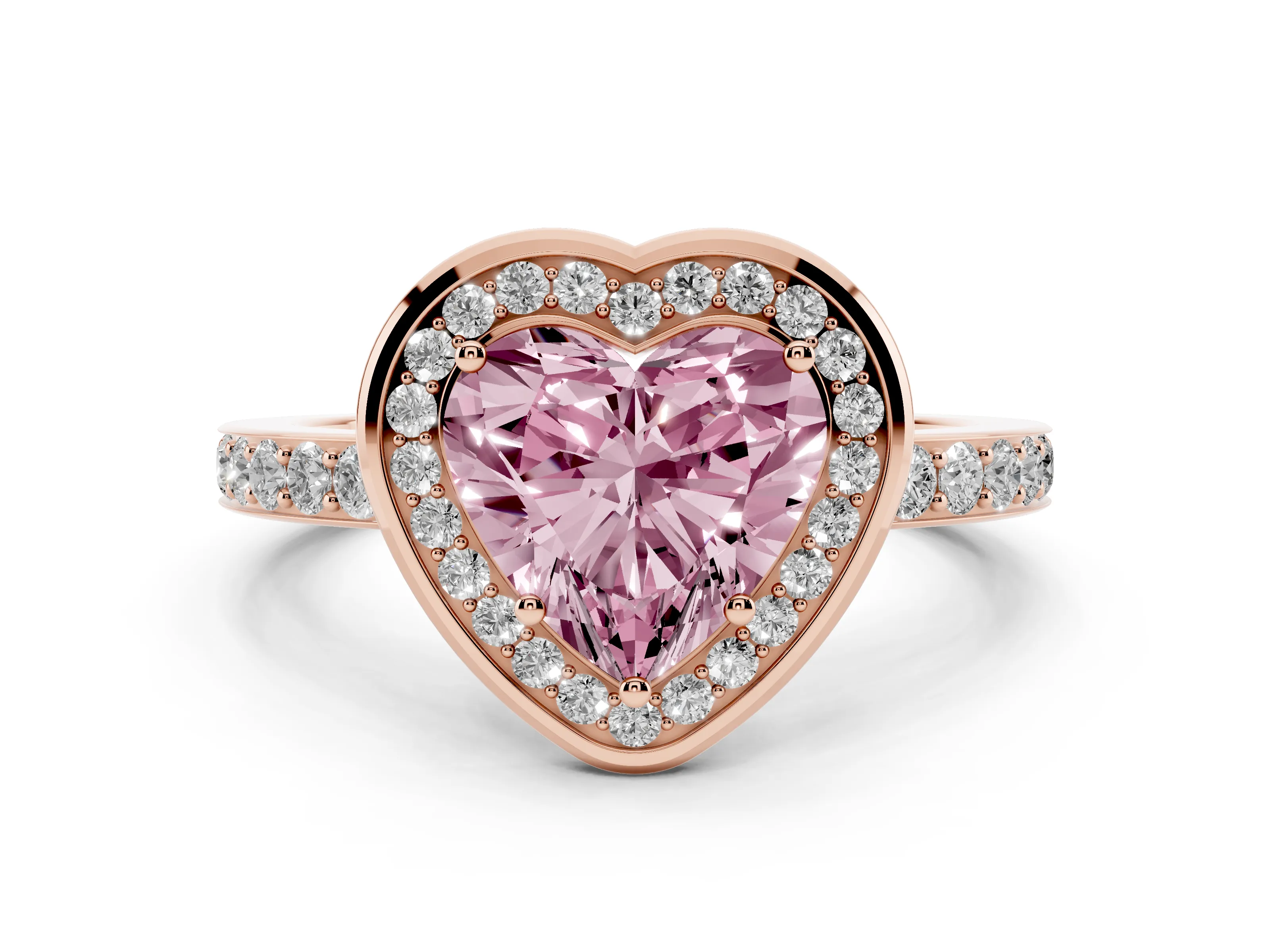 Fancy Pink Heart Cut Diamond Halo Ring Set in Rose gold with Bezel Frame and Pavé Band