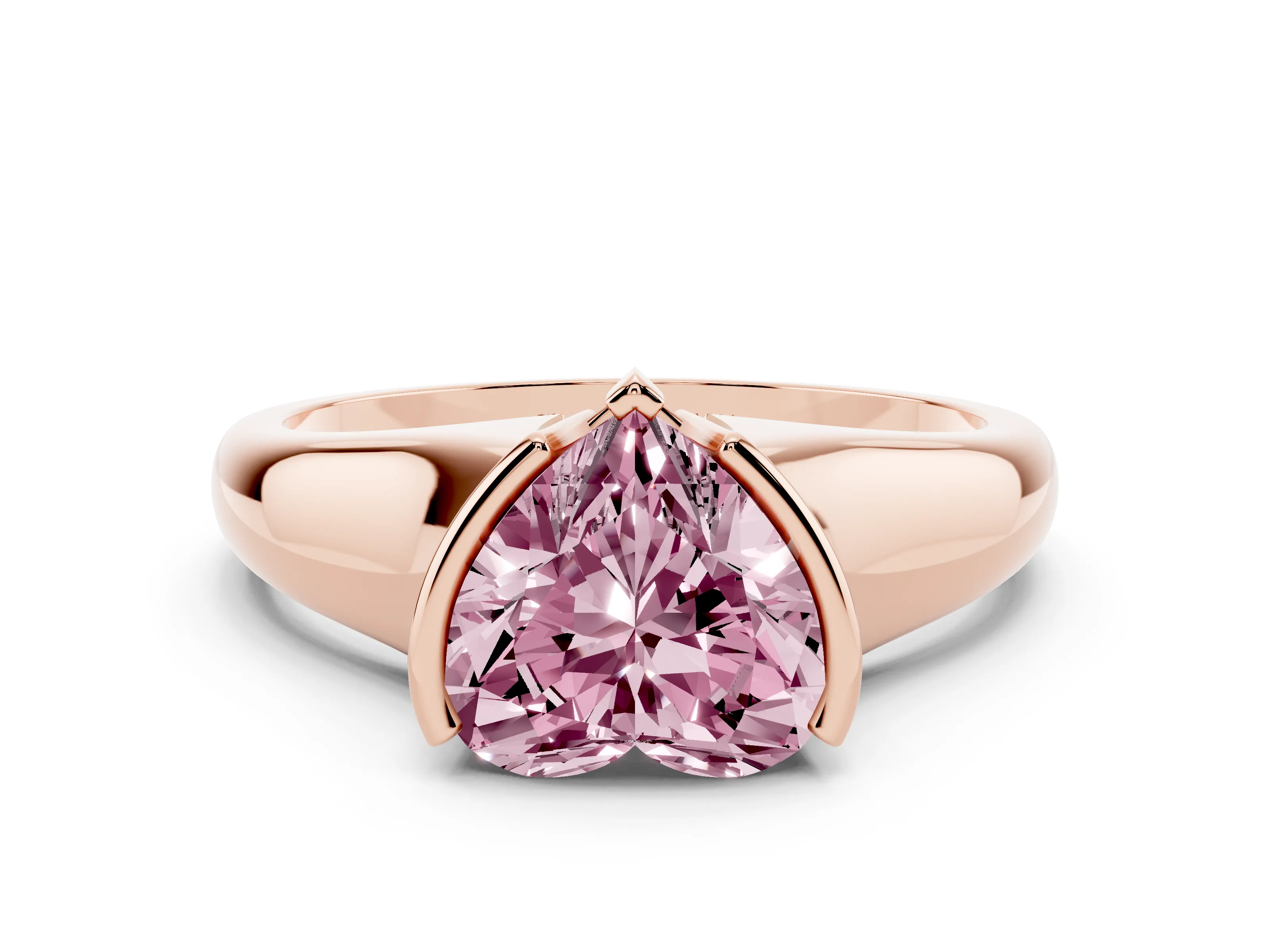 Fancy Pink Heart Cut Diamond Solitaire Tension Set Ring Set in Rose gold with Split Shank Band