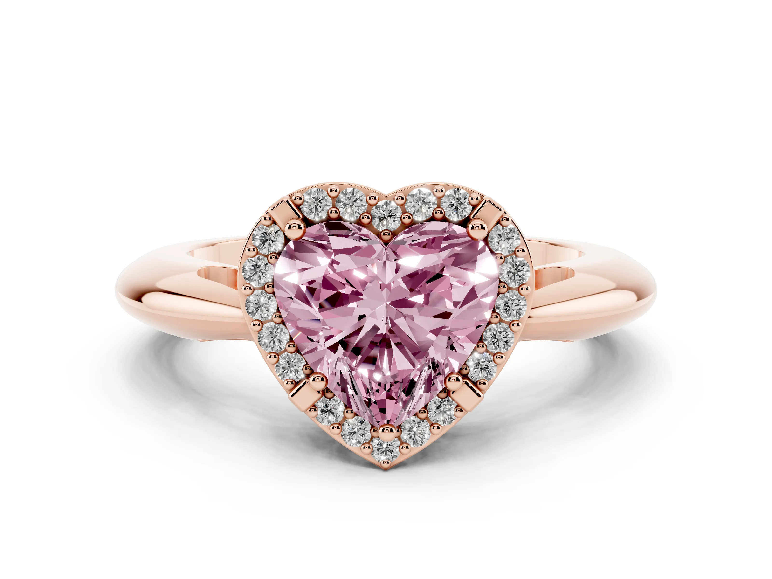 Fancy Pink Heart Cut Diamond Halo Engagement Ring Set in Rose gold with Plain Split Shank and Prong Setting