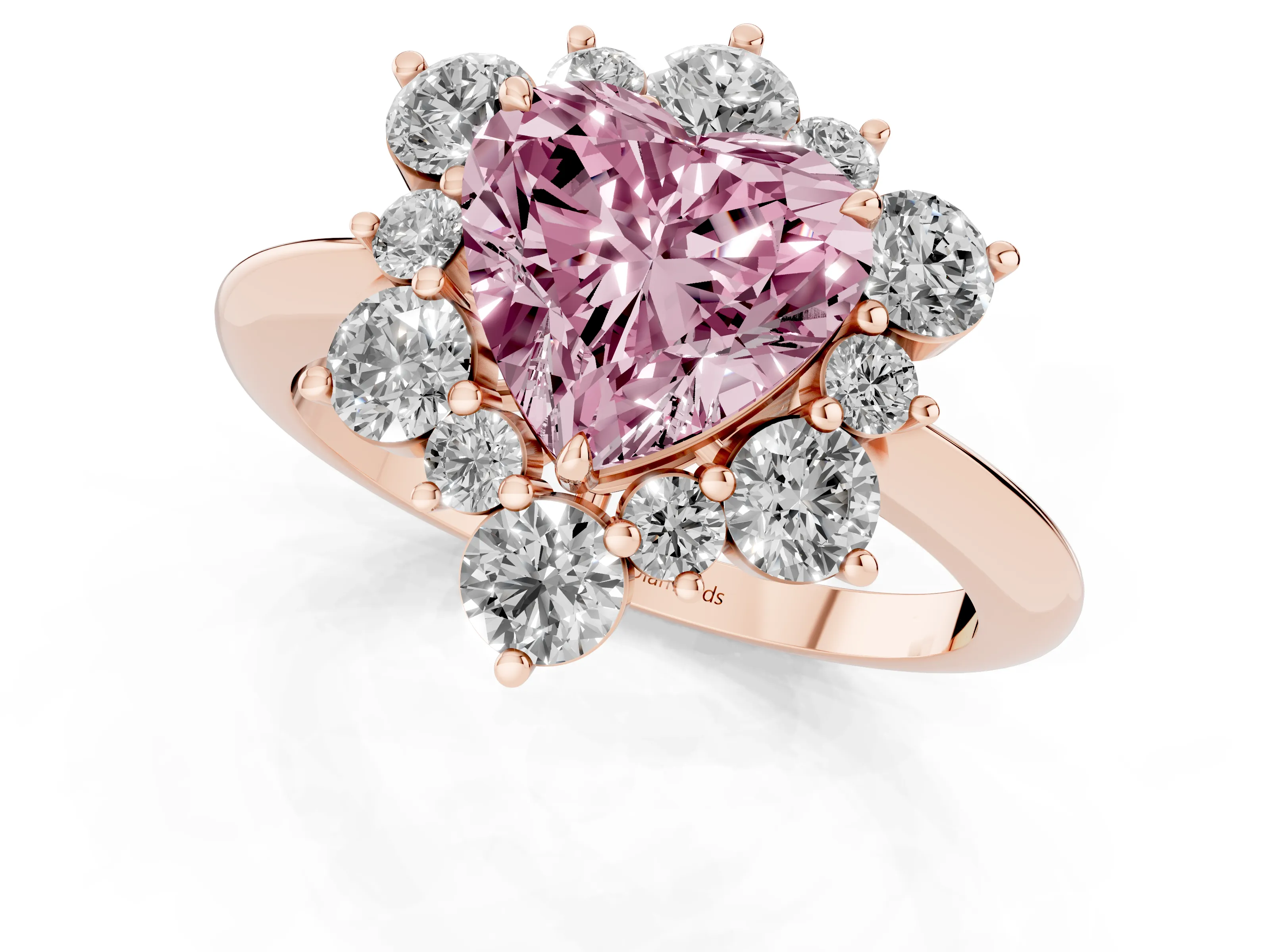 Fancy Pink Heart Cut Diamond Cluster Halo Ring Set in Rose gold with Solitaire Band and Prong Setting