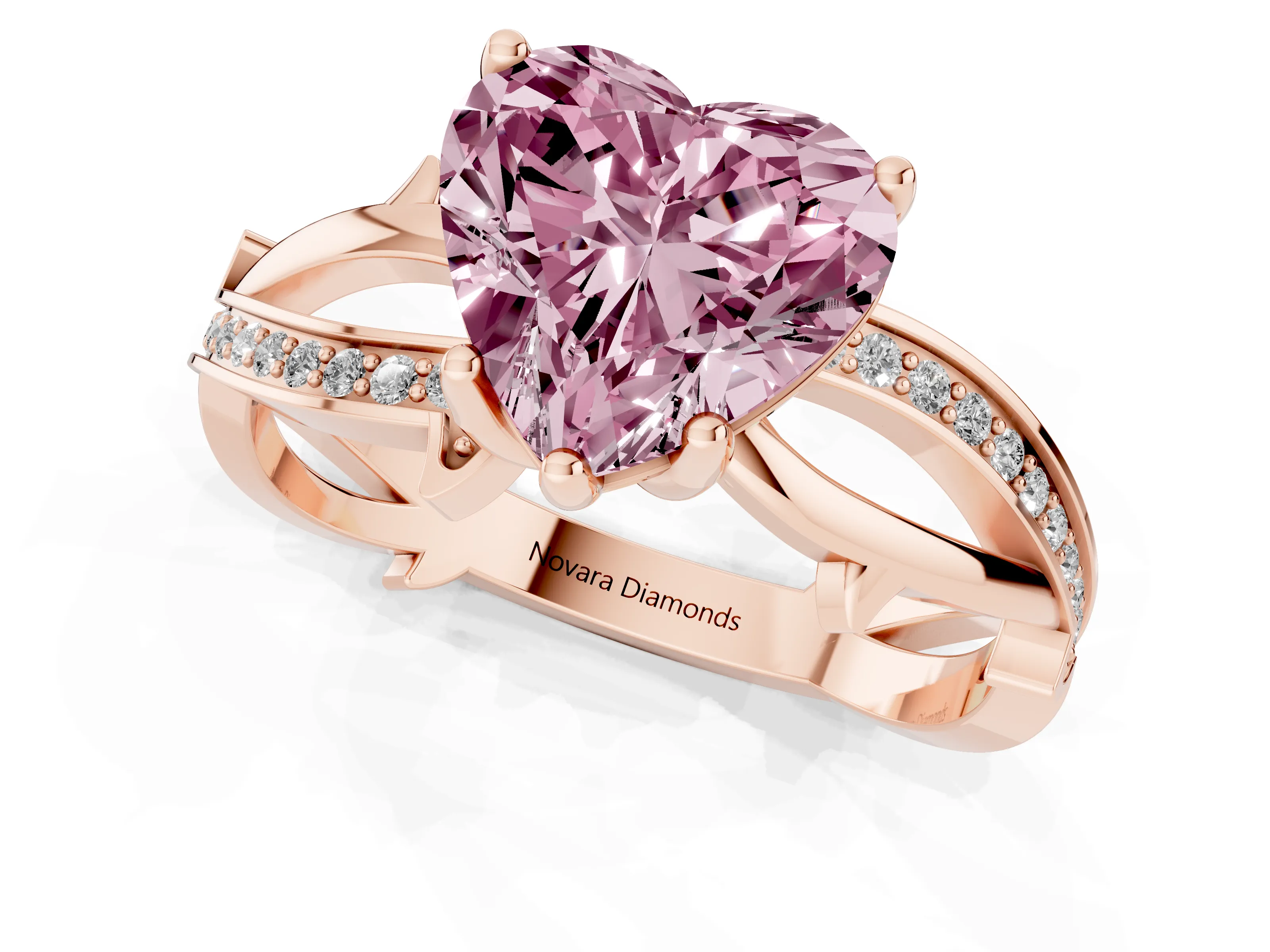 Fancy Pink Heart Cut Diamond Pavé Twist Band Solitaire Ring Set in Rose gold with Prong Setting