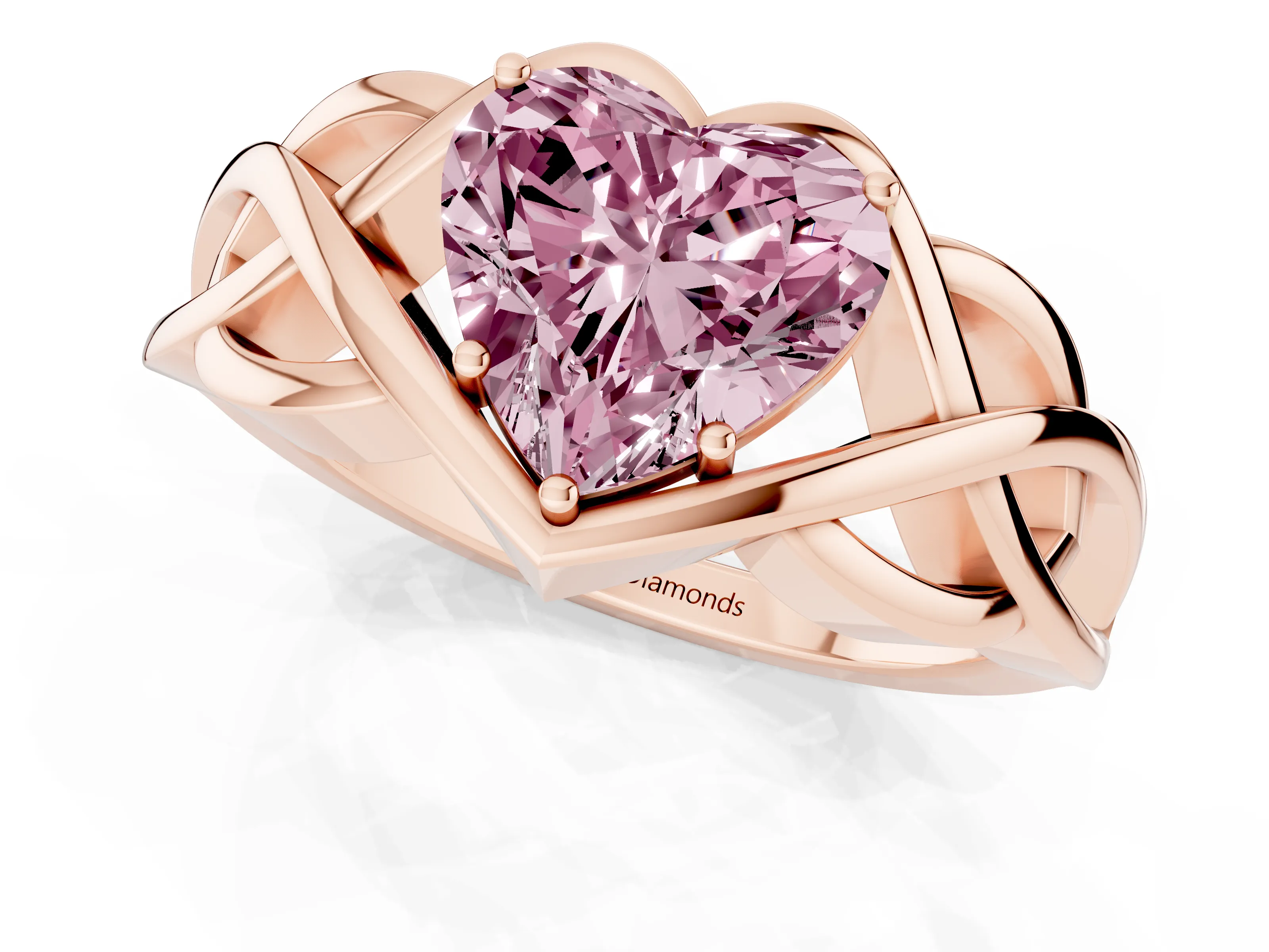 Fancy Pink Heart Cut Diamond Solitaire Ring Set in Rose gold with Intertwined Band