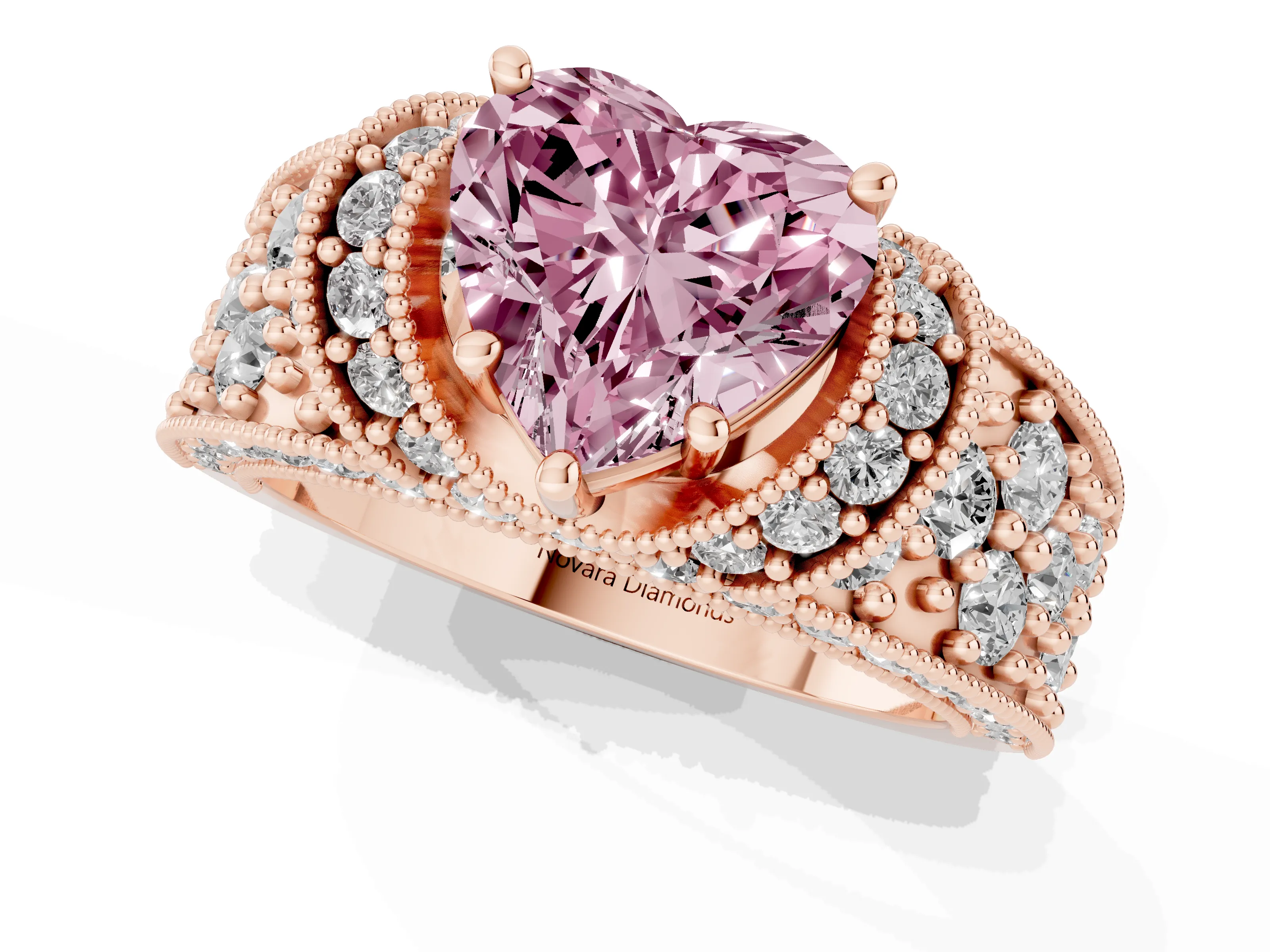 Fancy Pink Heart Cut Diamond Milgrain Halo Pavé Engagement Ring Set in Rose gold with Prong Setting