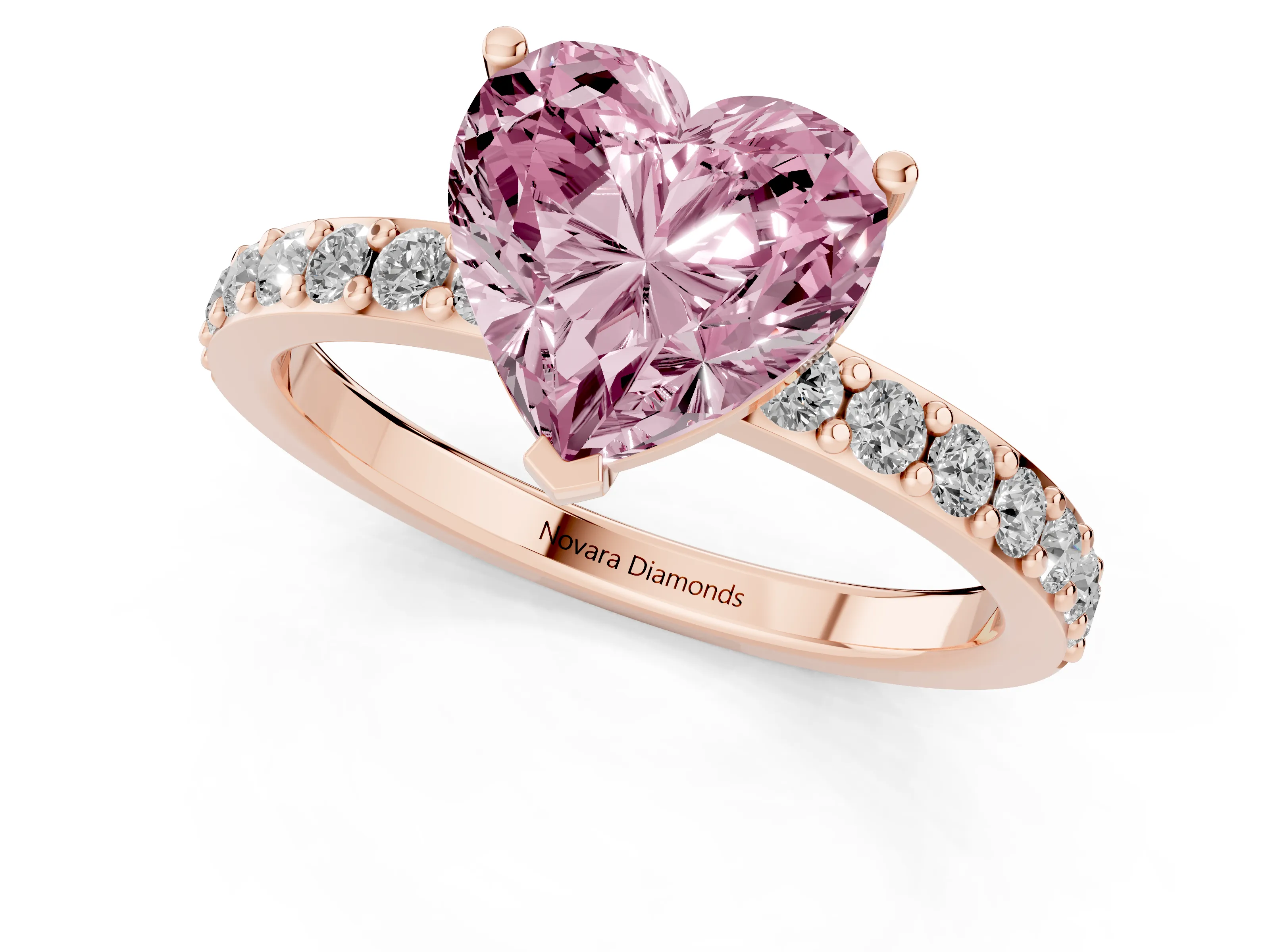 Fancy Pink Heart Cut Diamond Solitaire Set in Rose gold with Round Pavé Band and Prong Setting