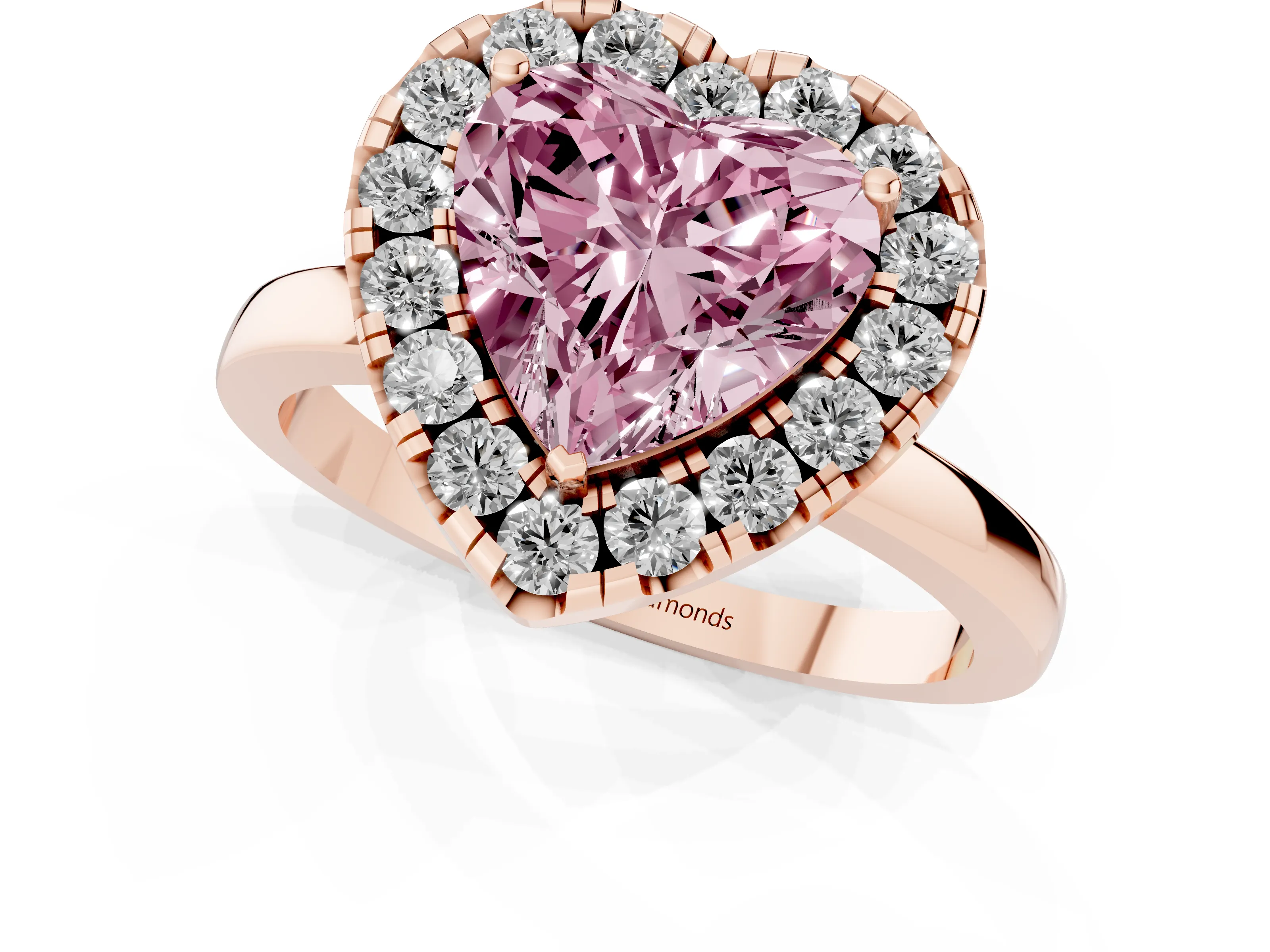 Fancy Pink Heart Cut Diamond Halo Solitaire Ring Set in Rose gold with Pavé Band and Prong Setting