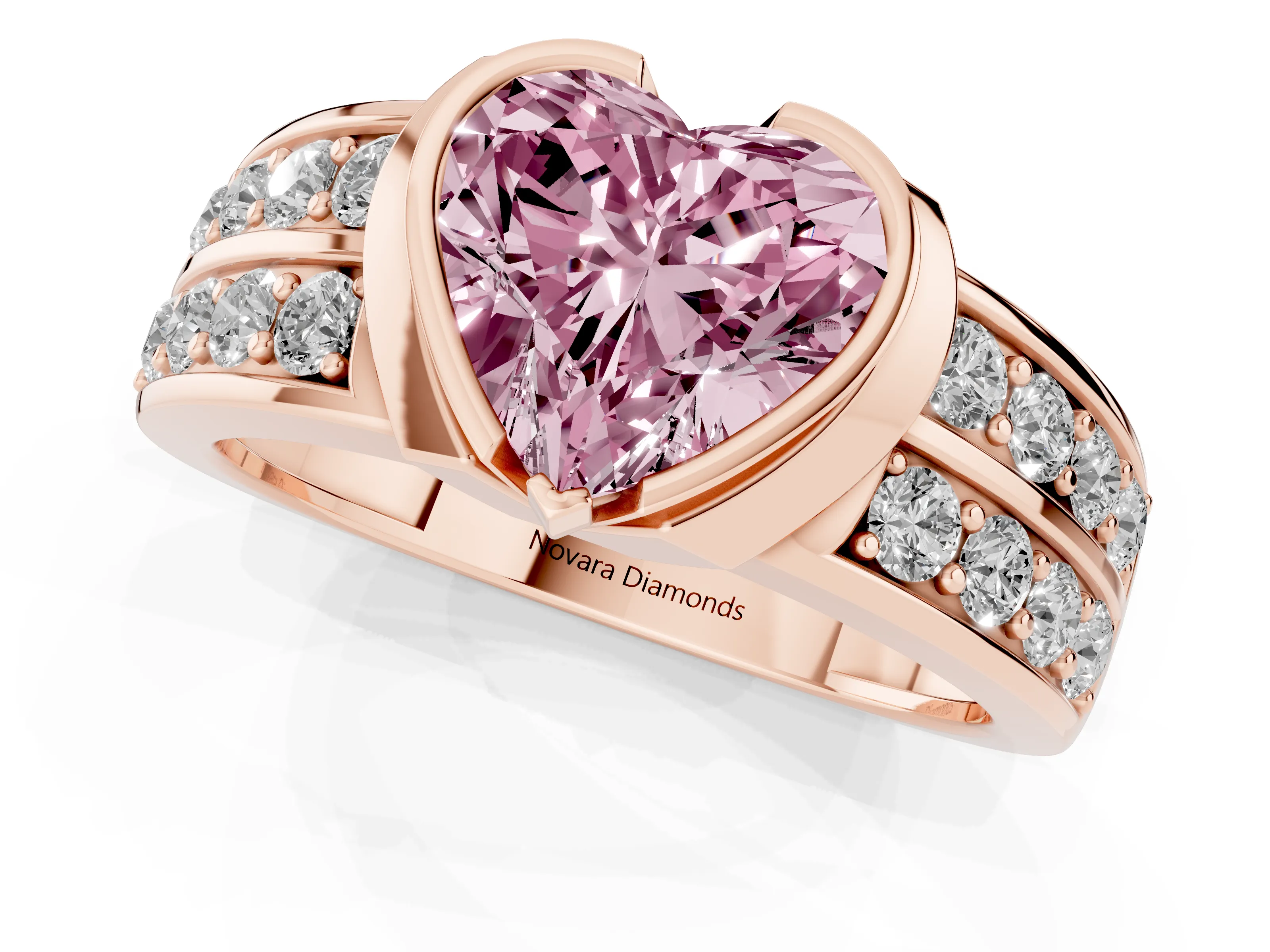 Fancy Pink Heart Cut Diamond Wide Channel Set Band Ring Set in Rose gold with Bezel Setting