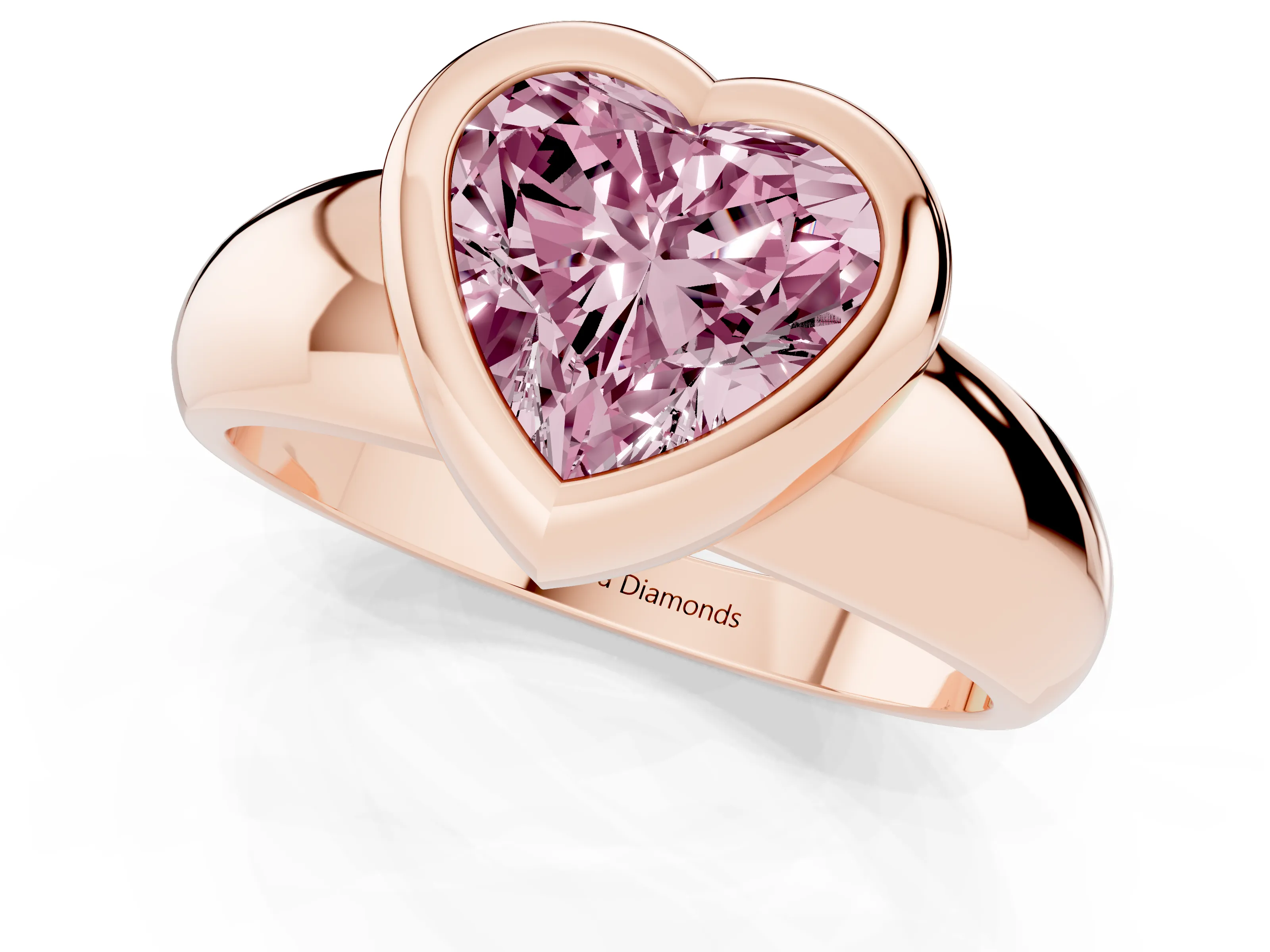 Fancy Pink Bezel Set Heart Cut Diamond Solitaire Ring Set in Rose gold with Wide Band