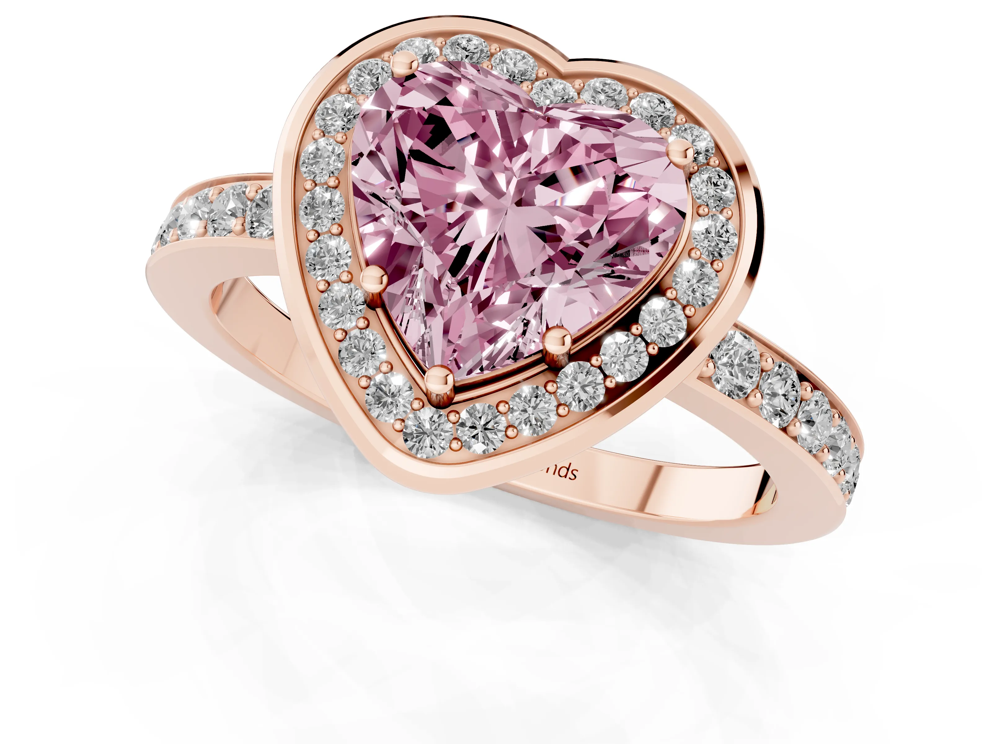 Fancy Pink Heart Cut Diamond Halo Ring Set in Rose gold with Bezel Frame and Pavé Band