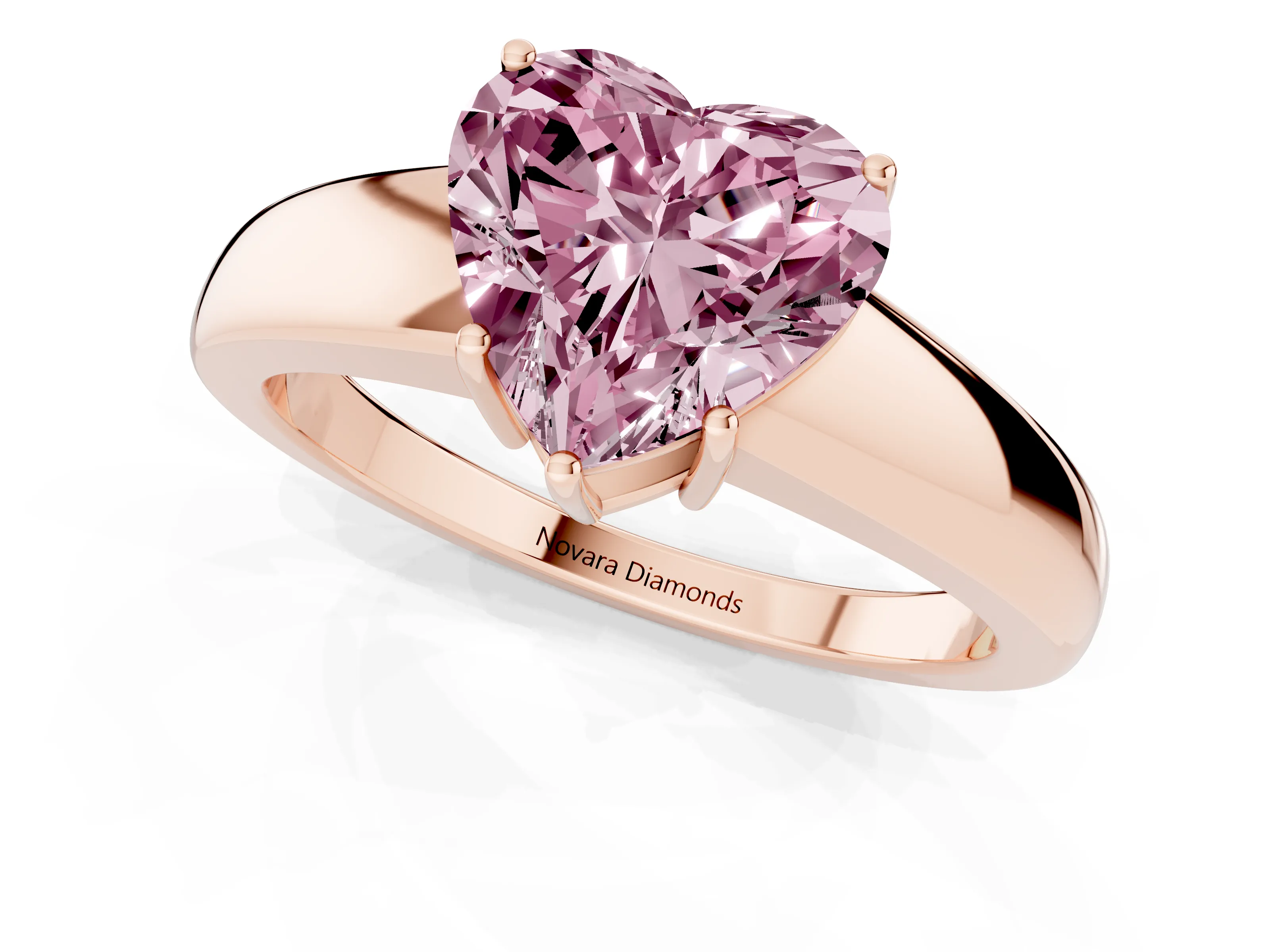 Fancy Pink Heart Cut Diamond Solitaire Ring Set in Rose gold with Tapered Band and Prong Setting