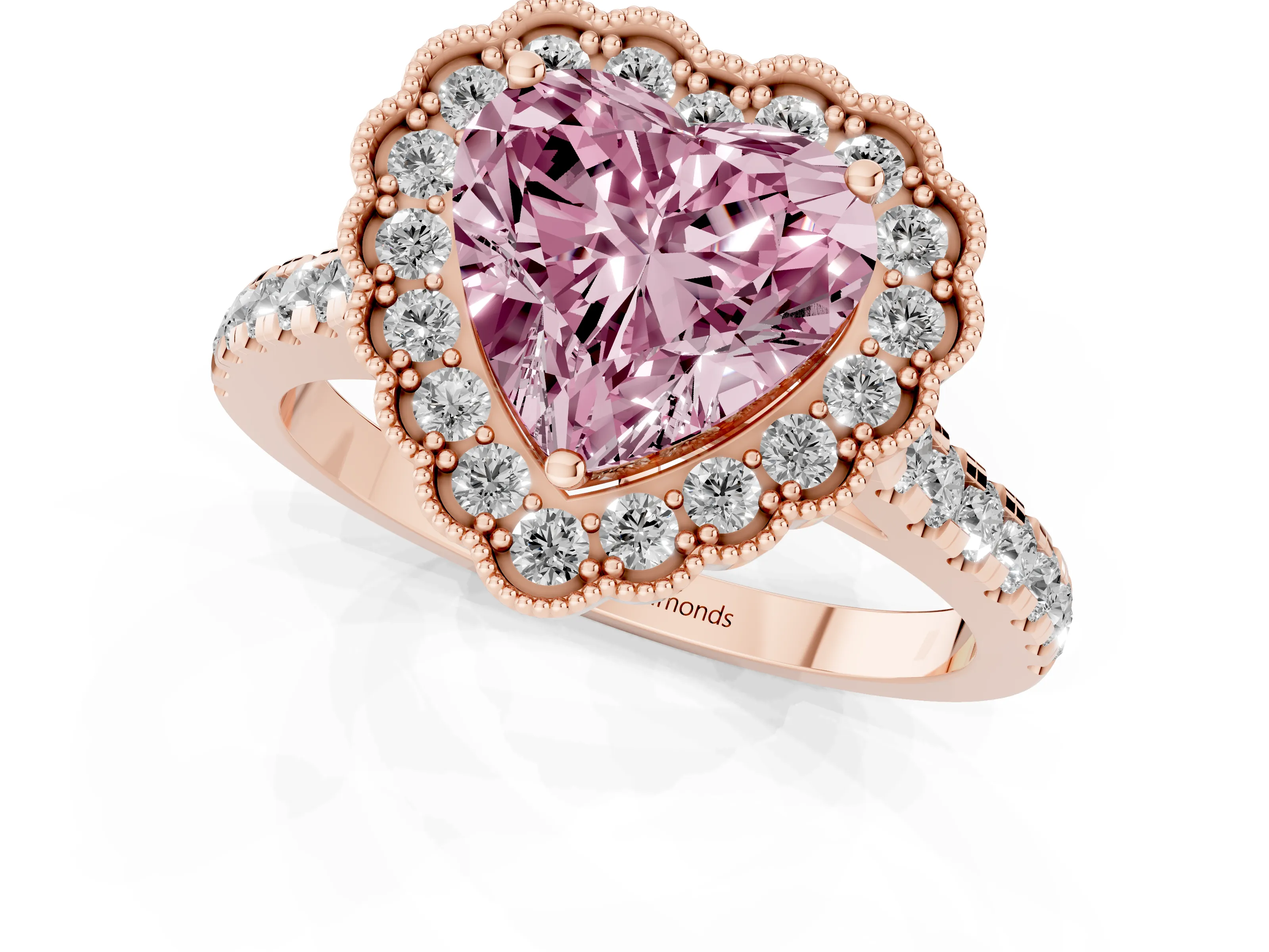 Fancy Pink Heart Cut Diamond Milgrain Floral Halo Engagement Ring Set in Rose gold with Pavé Band