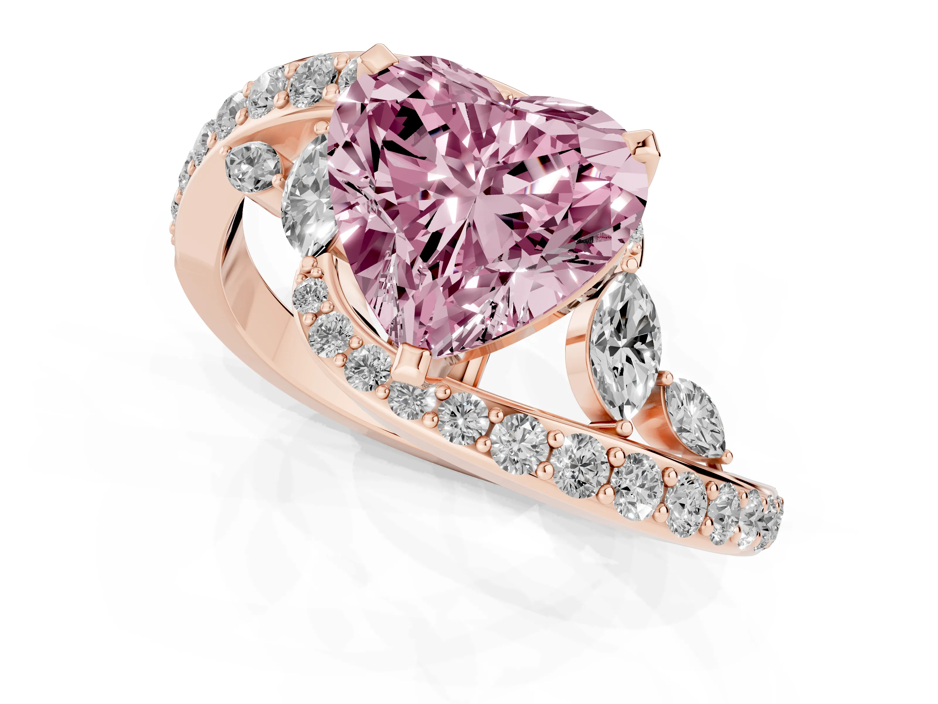 Fancy Pink Heart Cut Diamond Solitaire Ring Set in Rose gold with Pavé Twist Band and Secure Prong Setting
