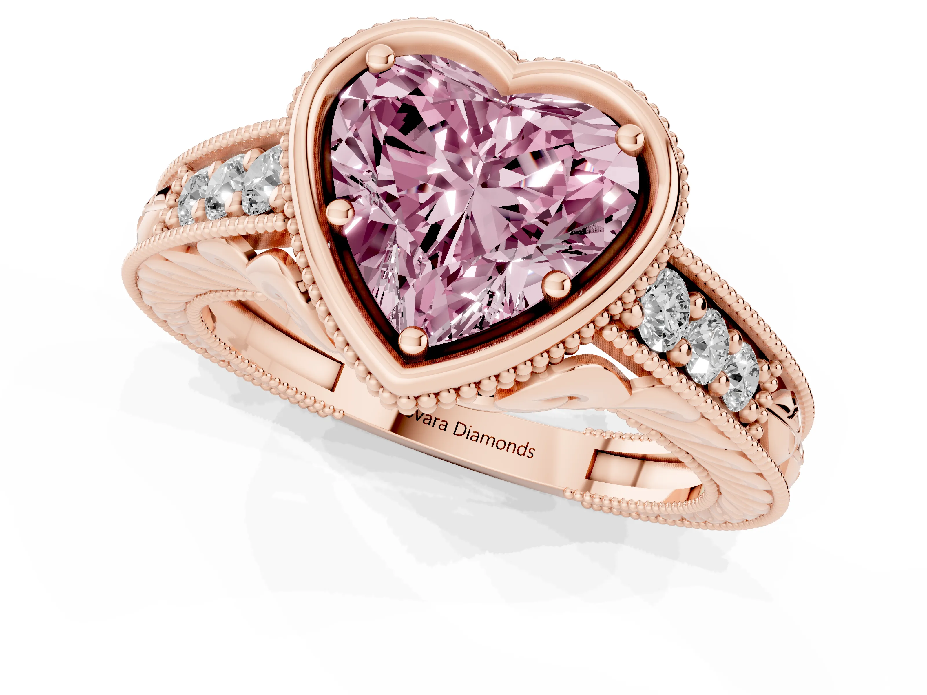 Fancy Pink Bezel Set Heart Cut Diamond Milgrain Pavé Engagement Ring Set in Rose gold